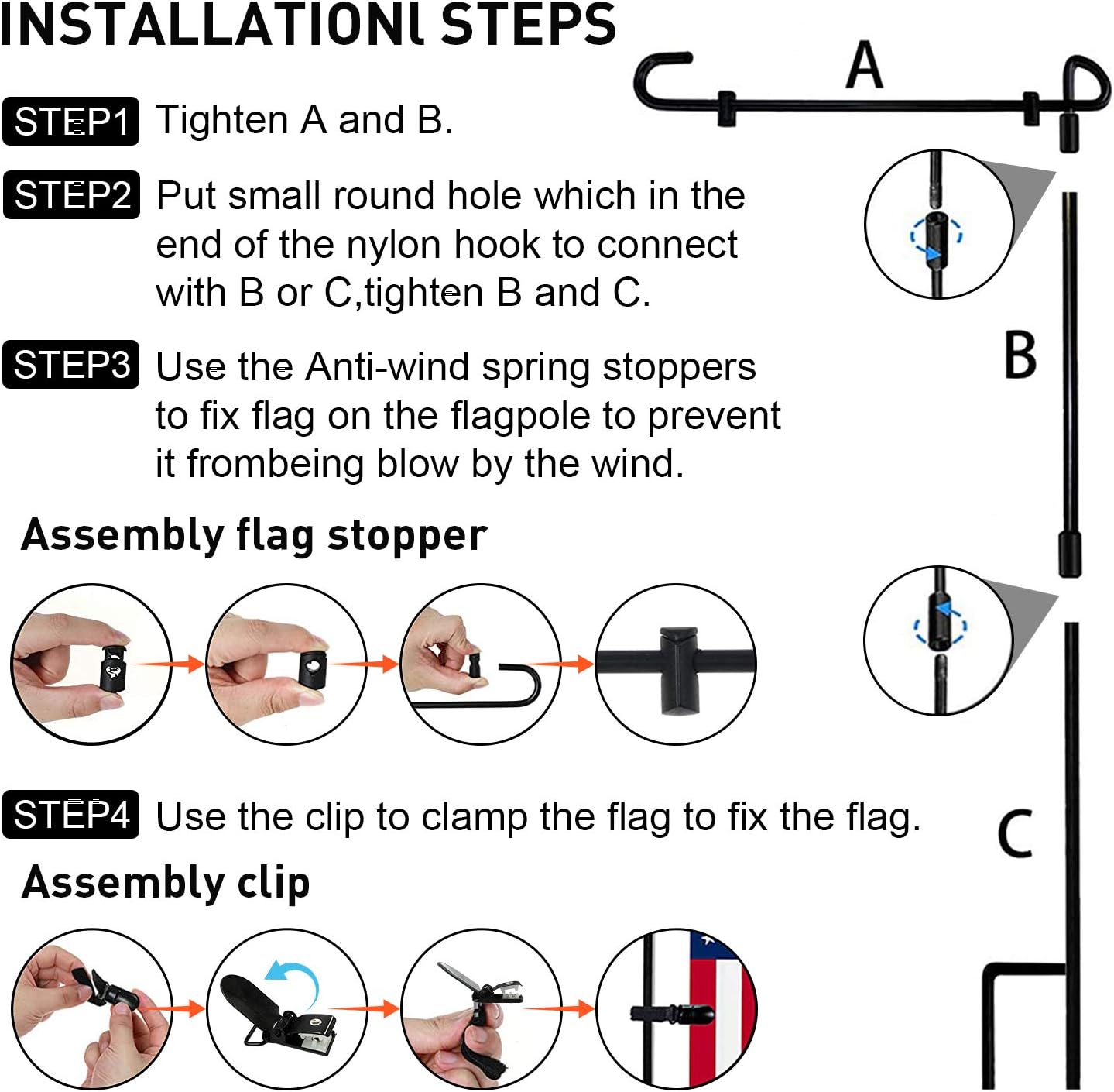 Garden Flag Stand 2 Pack, Iron Metal Garden Flag Pole Holder for Flags, Outside, Yard, Lawn with 2 Anti-Wind Clip and 4 Spring Stoppers 34" x 15" Black