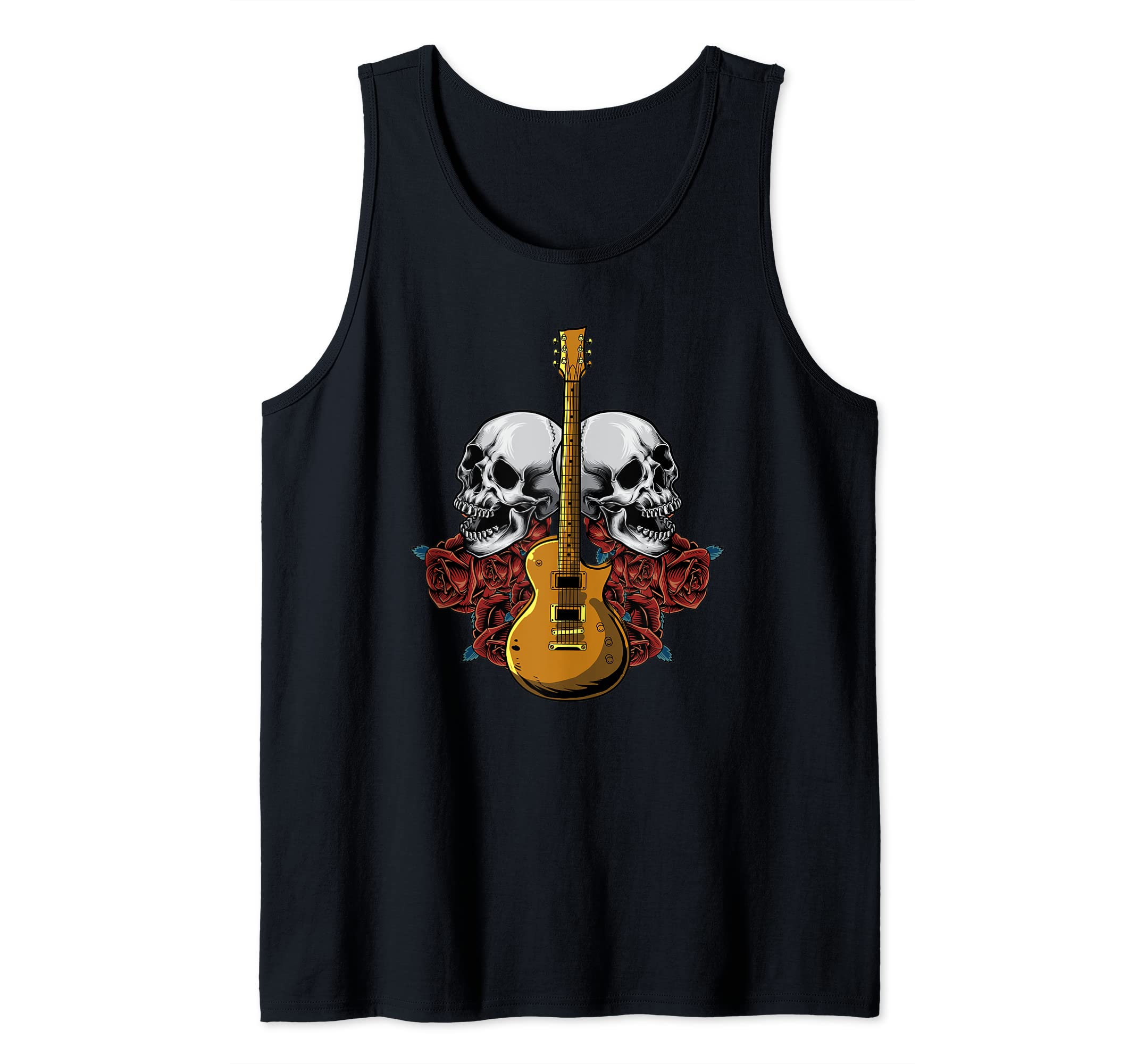 Electric Guitar Skull Red Roses - E-Guitar Rock Guitarist Tank Top, Black