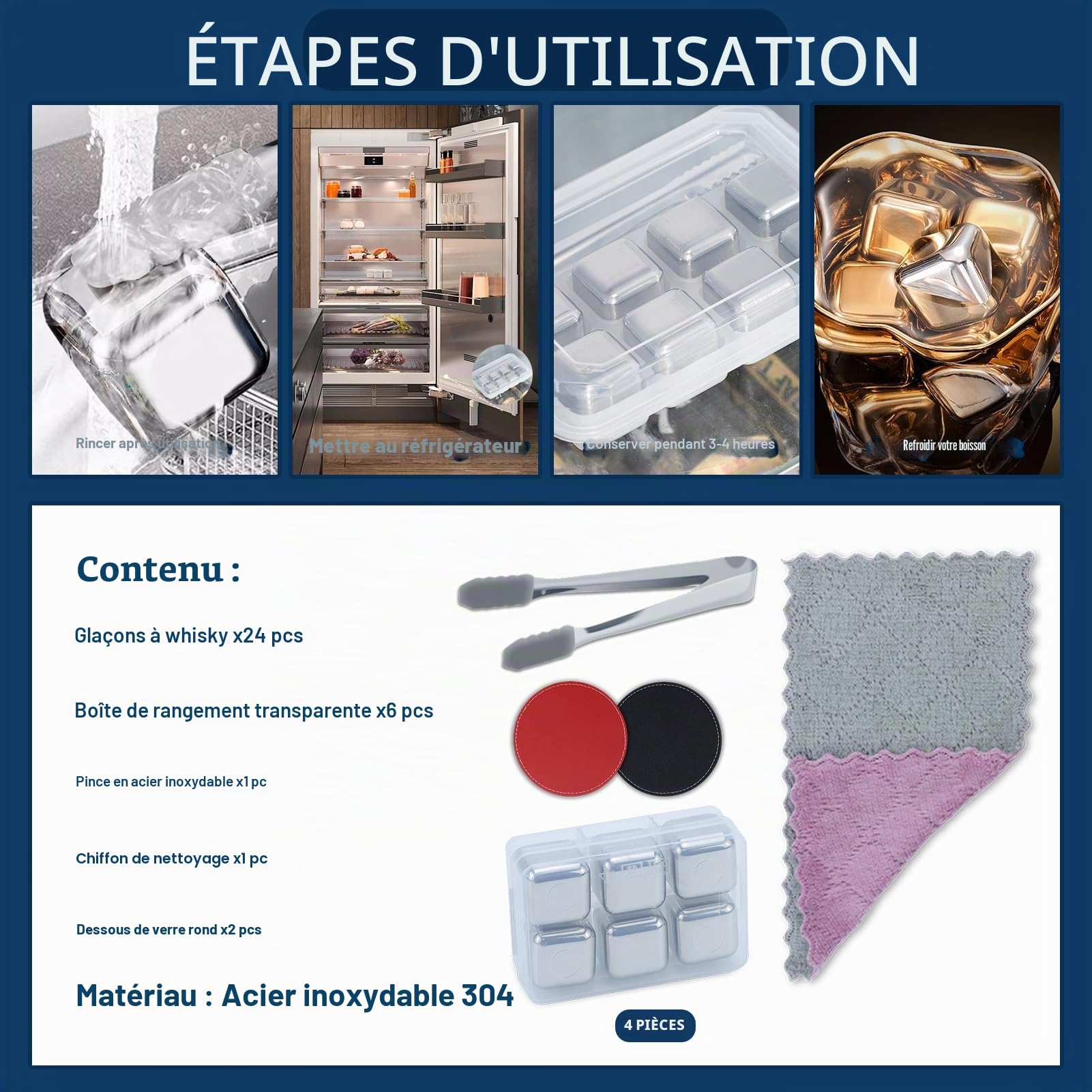 Glaçons Congelés en Acier Inoxydable,Lot de 24 Glaçons en Acier Inoxydable avec Clip,glaçons Réutilisables en acier inoxydable 304 de Qualité Alimentaire Metal Whiskey Stones pour whisky,vin