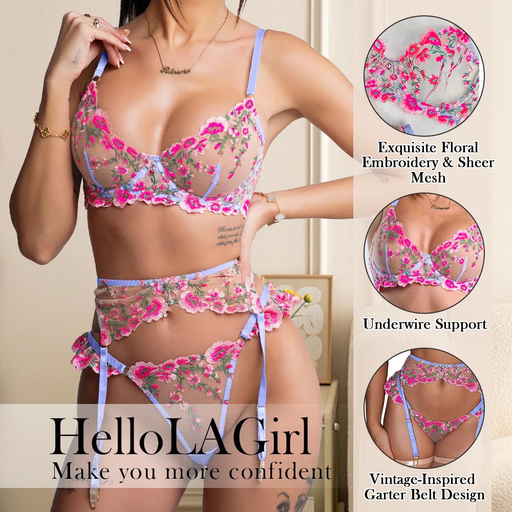 HELLOLAGIRL Sexy Lingerie Set for Women,Lace Womens Lingeries flower Teddy Lingerie 3 Piece with Garter Belt: Large Black-one