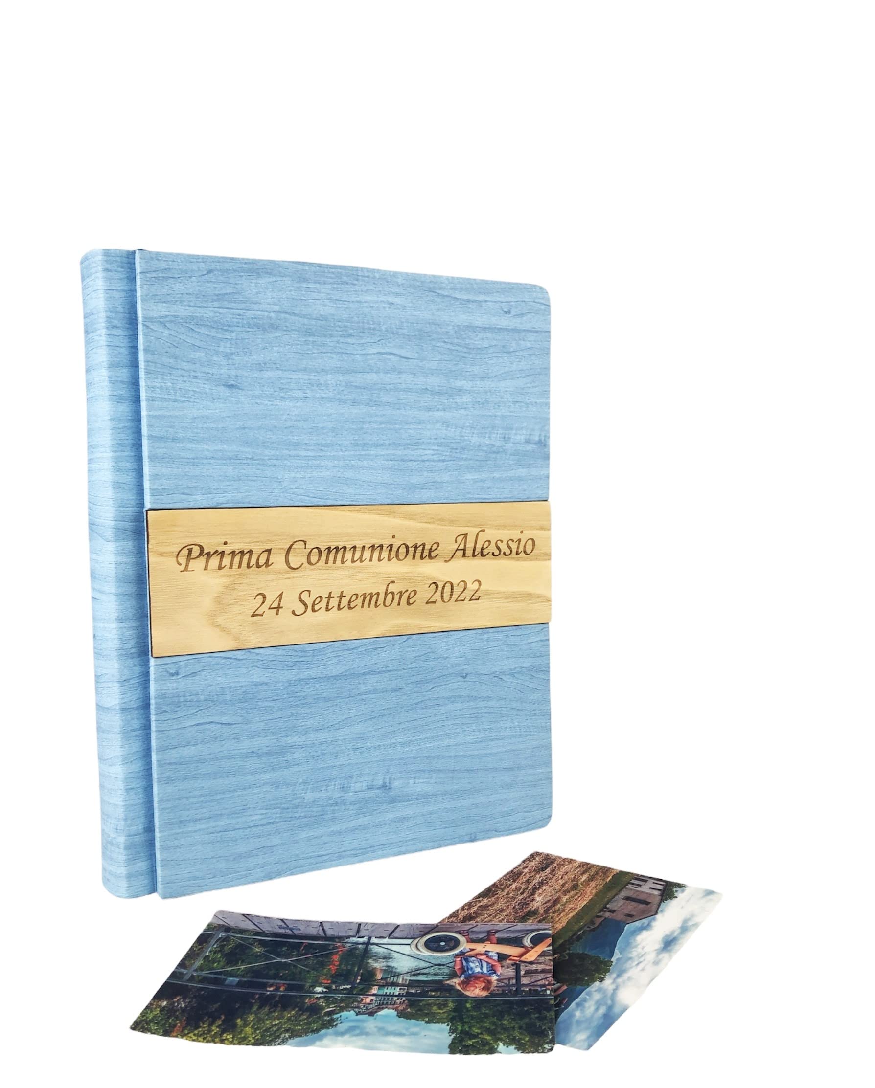 TriVin Art, Álbum de Fotos en Polipiel, con Aplicación de Madera Personalizable con Grabado. Ideal para Bautismo, Boda, Comunión y foto recuerdo.