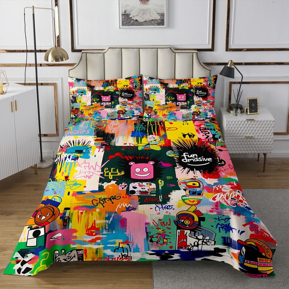 Castle Fairy Graffiti Bear Quilt Sets Queen Size,Colorful Abstract Graffiti Bedspread 3Pcs for Kids Teens Youth Room Decor,Urban Street Art Bedding Sets Hippie Pop Style Coverlet,2 Pillowcases