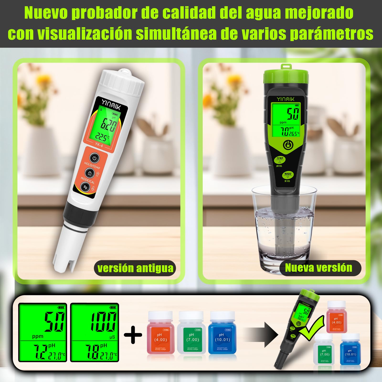 YINMIK Medidor de pH y TDS Digital 4 en 1, Probador de pH PPM Conductividad con Solución de Calibración para Piscina Agua Potable
