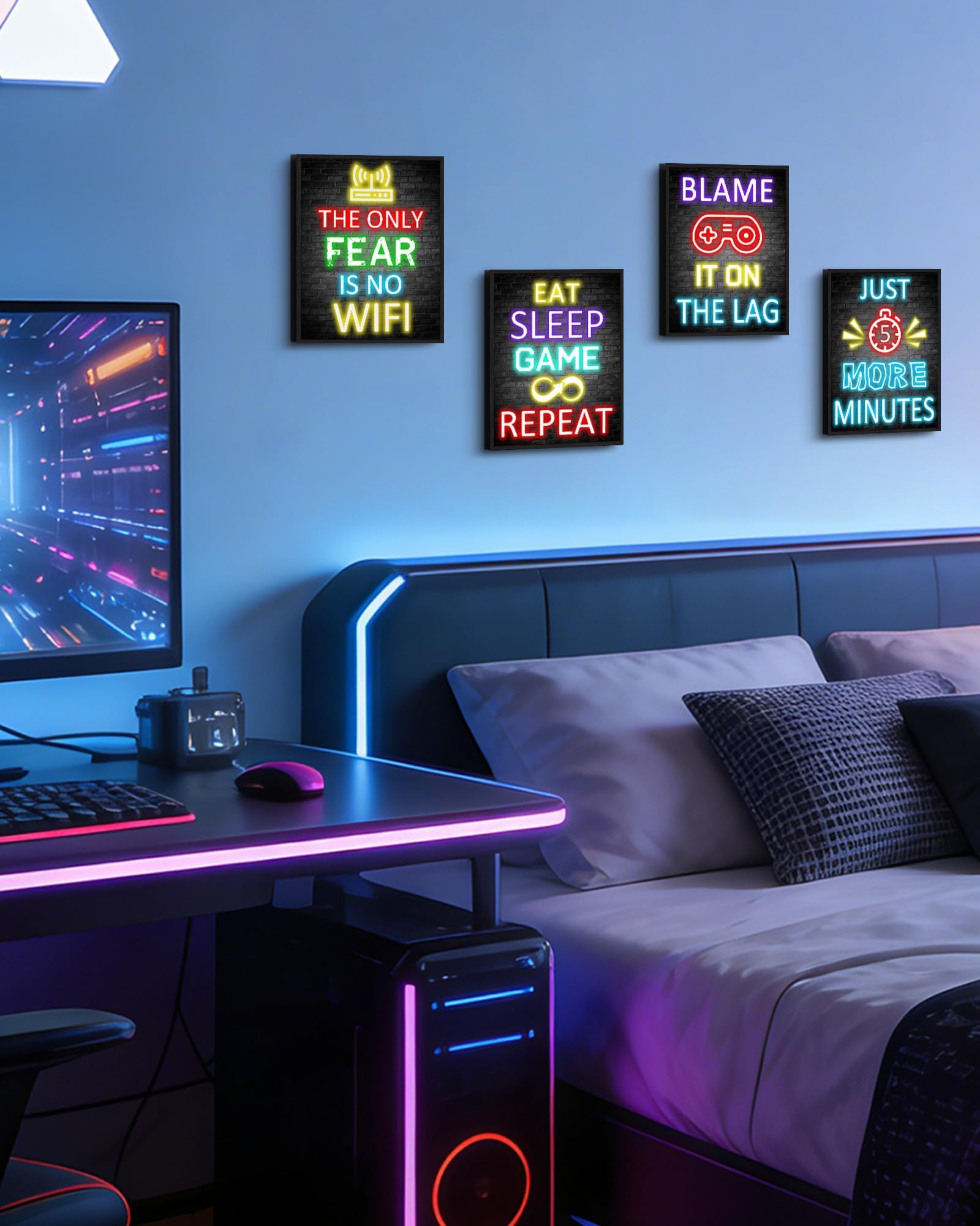 KUVIOKE Decorazione per la stanza dei videogiochi, per ragazzi e adolescenti, decorazione artistica da parete per videogiochi, insegna al neon pronta da appendere, set da 4, 20,3 x 25,4 cm (cornice