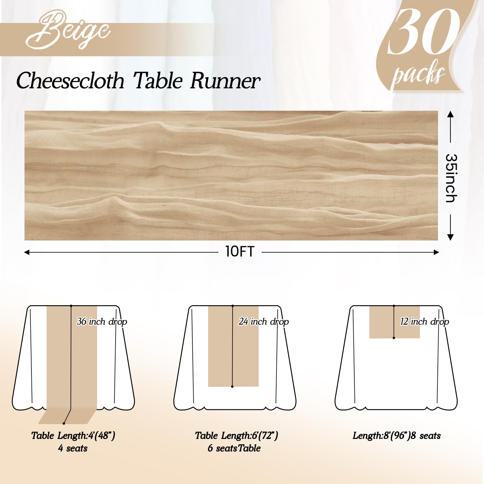 Seihtuch-Tischläufer, 30 Stück, Beige, Seihtuch, Tischläufer aus Gaze, rustikal, durchsichtig, für Hochzeit, Geburtstag, Babyparty, Party-Dekoration, 30 Stück