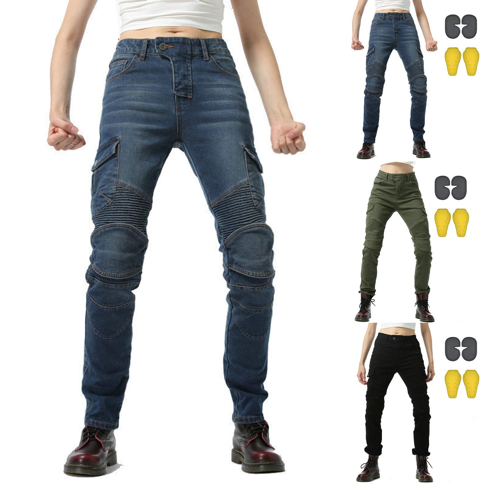 Jean de moto pour femme - Coupe ajustée - Avec protections des genoux et des hanches - Stretch - Denim - Pantalon de protection cargo - Pantalon de randonnée - Pantalon de randonnée
