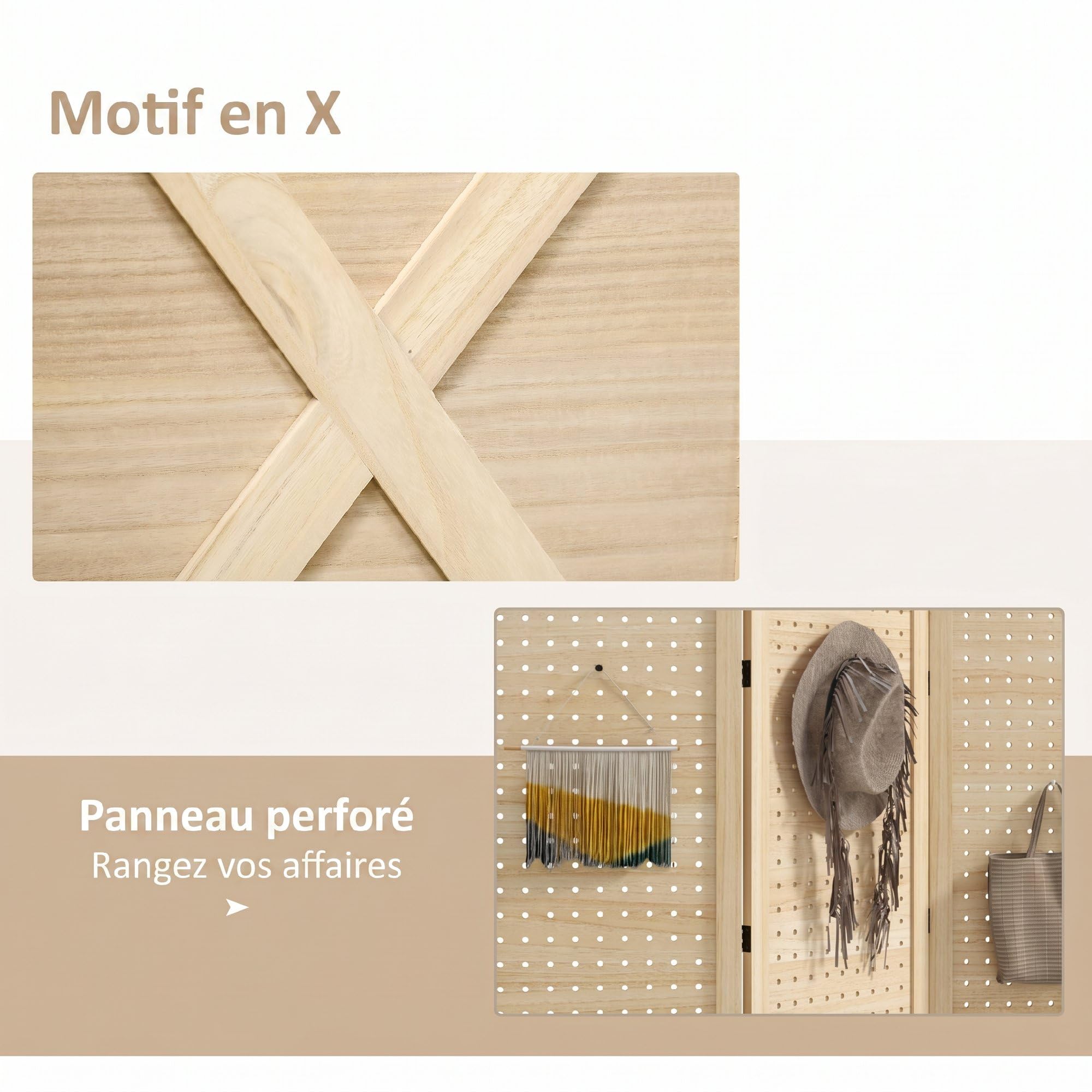 HOMCOM 3 pannelli divisorio con pegboard 1,4m naturale | Schermo in legno pieghevole per privacy, divisorio a parete per ufficio domestico