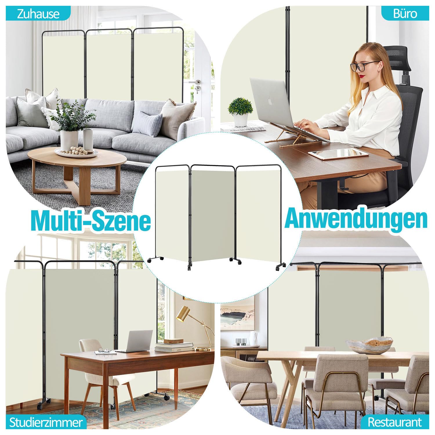 Paravent Raumteiler Klappbar Freistehend Trennwand auf Rollen, Umkleide Sichtschutz, Raumtrenner 3 Teilig 263 x 180 cm, freistehendes Raumteiler für Büro Schlafzimmer - Beige