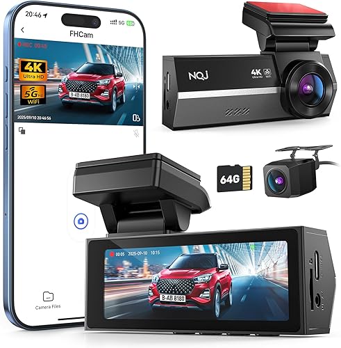 Dash Cams Front and Rear, NQJ 4K+2K Dual Dash Camera for Cars w 64GB Card, 5GHz Wi-Fi & App, G-Sensor, 3.2” Screen, 24H Parking Mode, 170°Wide Angle, Night Vision
