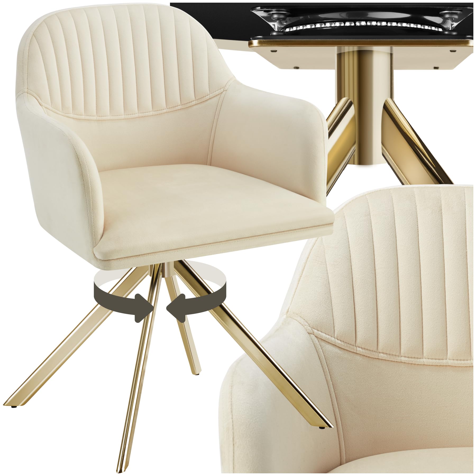 tectake® Esszimmerstuhl drehbar, Armlehnstuhl drehbar, ergonomischer Stuhl Samt, Stühle für Esszimmer, Möbel für Wohnzimmer, Arbeitszimmer, Esstisch, Schminktisch - Creme/Gold