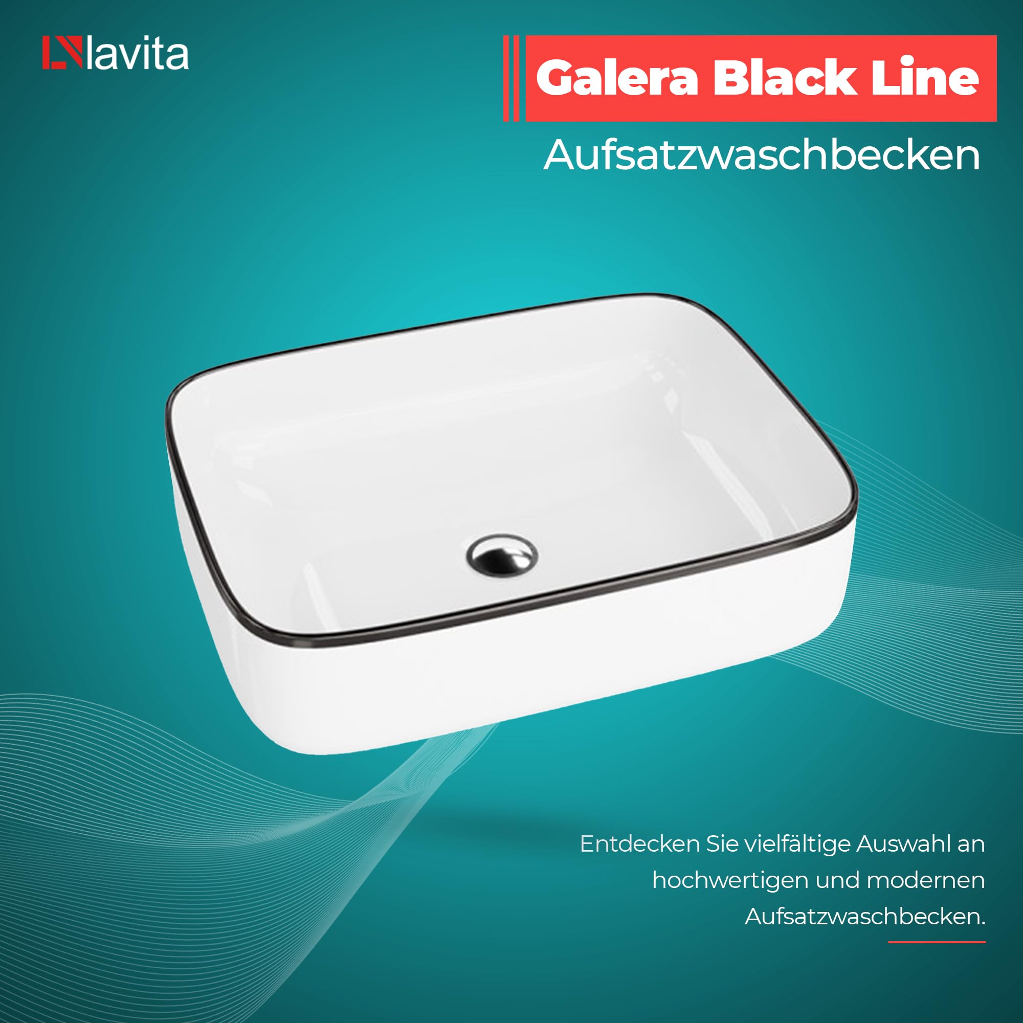 Lavita Aufsatzwaschtisch Galera Black Line Lavabo à poser Rectangulaire Lavabo sans trop-plein et trou de robinetterie En porcelaine de haute qualité Céramique de salle de bain Espace de lavage
