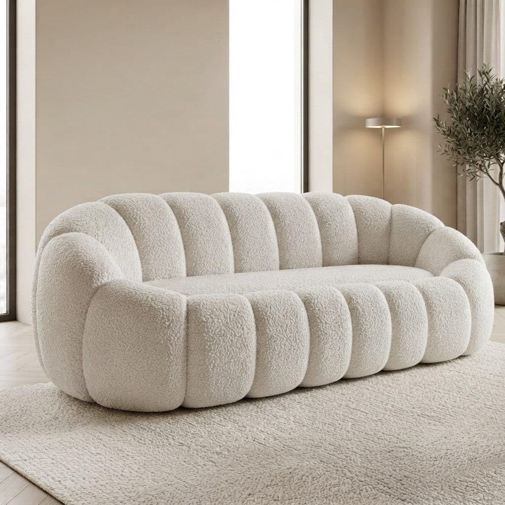 Modern 3 Seater Teddy Fabric Sofa, Upholstered Curved Living Room Couch with Sculpted Design, Cream White-image-44