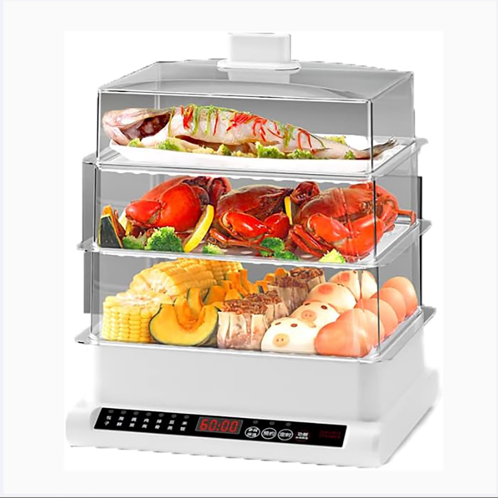 Vaporiera a 3 Livelli - Vaporiera Multifunzione da 20 Litri, 7 modalità di Cottura preimpostate, 60 Minuti di Cottura Rapida simultanea, cestelli impilabili per Verdure o Carne