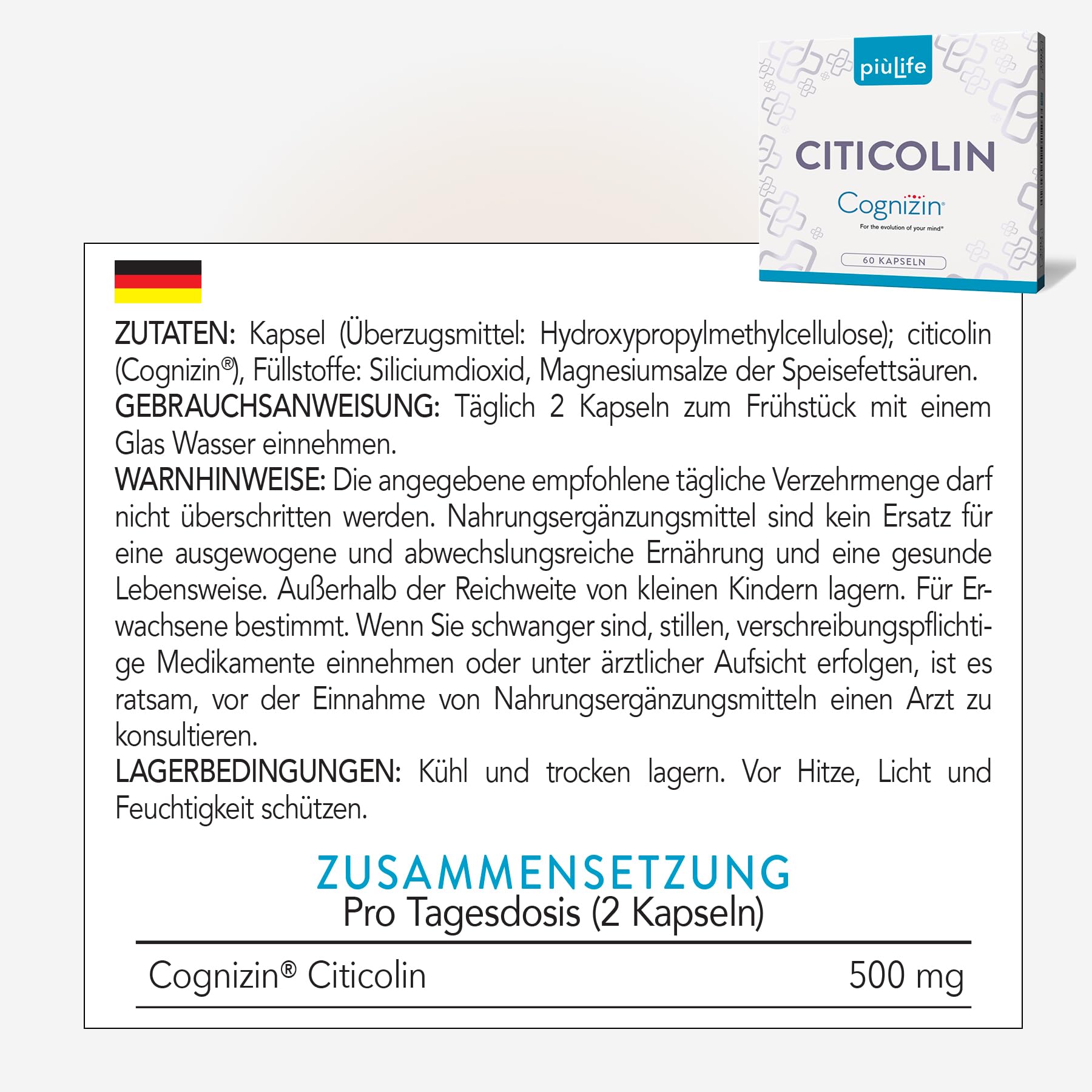 Citicolin Cognizin 500 mg PiùLife CDP Cholin – 60 Kapseln | Nahrungsergänzung für Gedächtnis & Konzentration, Vorstufe von Phosphatidylcholin & Acetylcholin, Gluten- & Laktosefrei