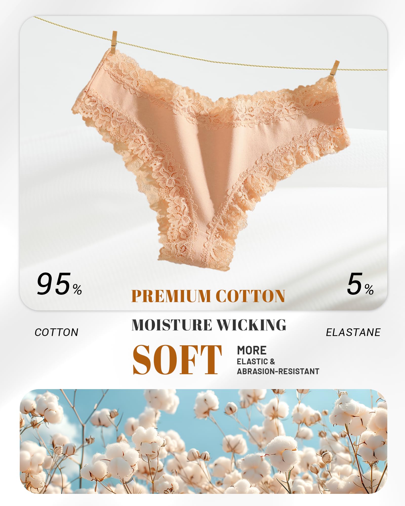 FINETOO Cotton Underwear for Women Sexy Panties Lace Hipster Low Rise Breathable Womens Cheeky 6 Pack S-XL: Black Large