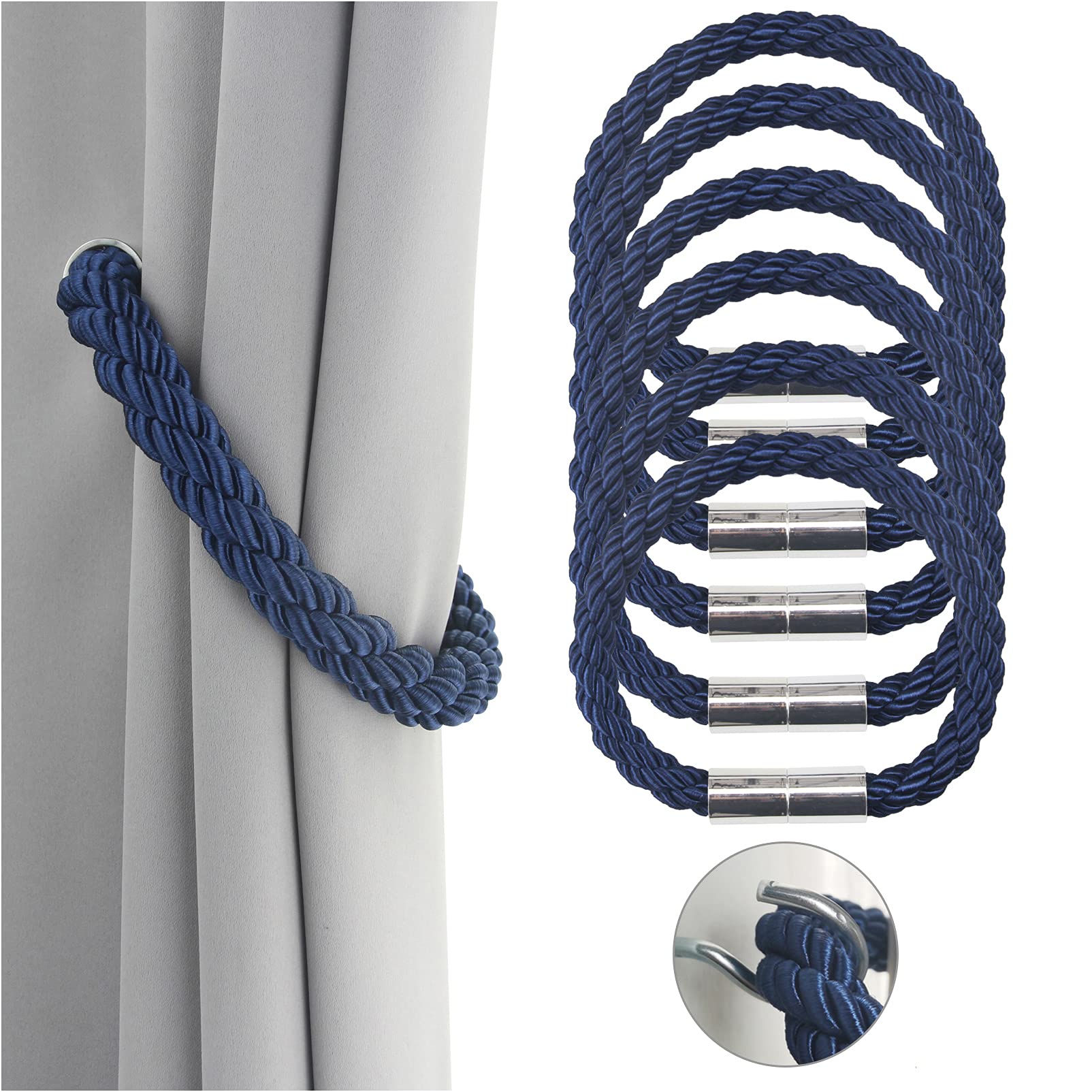 Lot de 6 embrasses de rideaux magnétiques solides - Bleu marine - 50 cm - Attaches pratiques pour rideaux fins ou épais avec crochets en métal - Légèrement lourdes