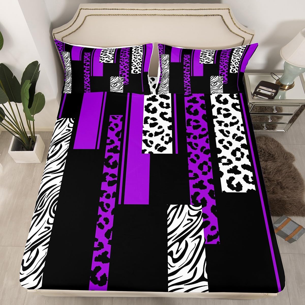 Leopard Zebra Fitted Sheet Queen Size Kids Cheetah Purple White Black Bedding Set for Boys Teens Animal Print
