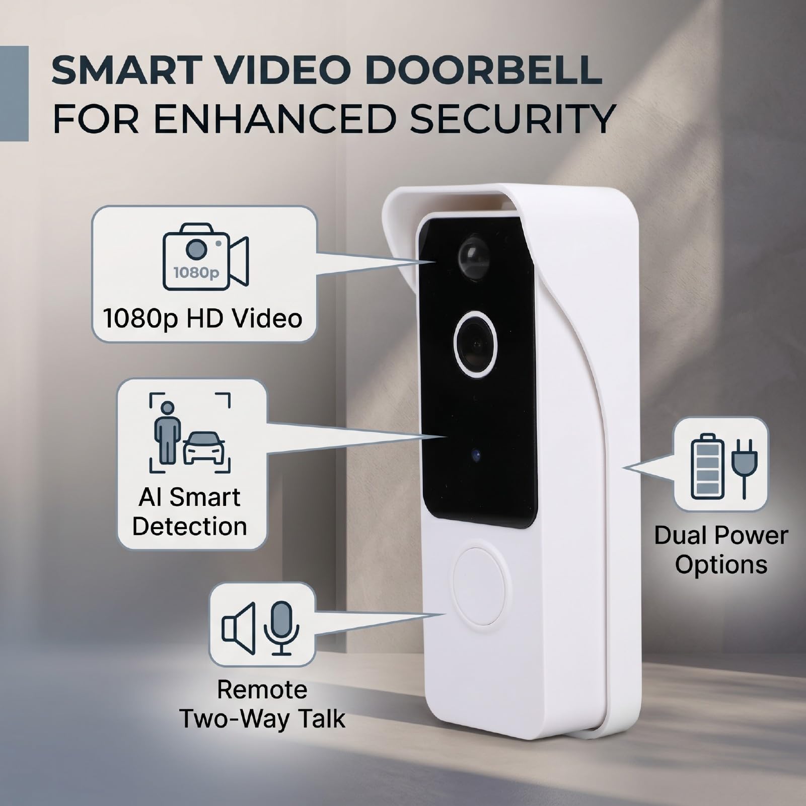 Luocute Timbre con Vídeo Inteligente, 1080P HD Gran Angular de 160°, Detección de Movimiento AI, Audio Bidireccional, Visión Nocturna, con Batería o Alimentación por Cable, para
