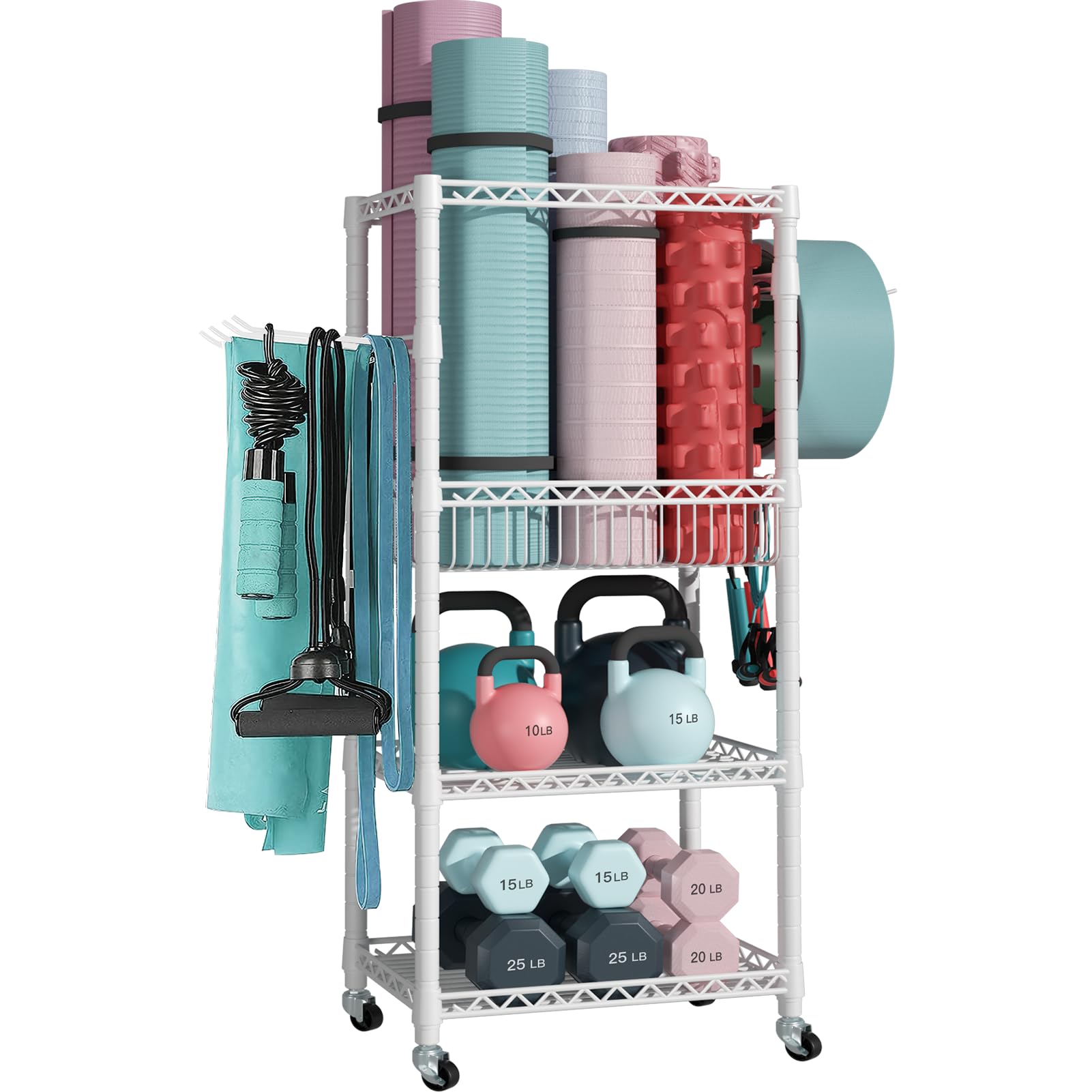 FUTASSI Home Gym Storage, 3 Tiers Workout Equipment Organizer with Wheels for Yoga Mats, Foam Roller, Dumbbells, Kettlebells, and Resistance Bands