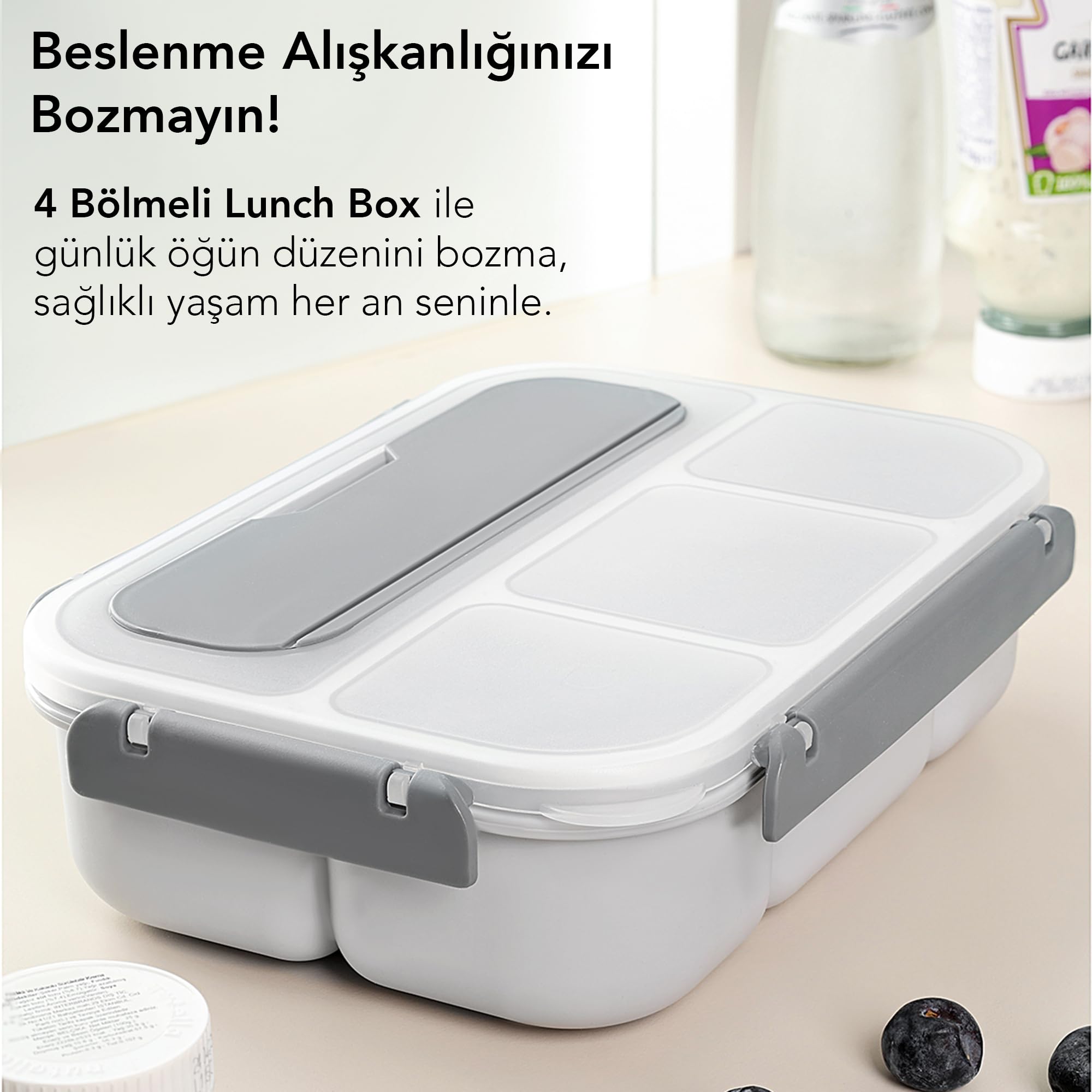 Sızdırmaz Contalı Yemek Kabı - 4 Bölmeli Çatal Kaşıklı Diyet Beslenme Kutusu Lunch Box Gri