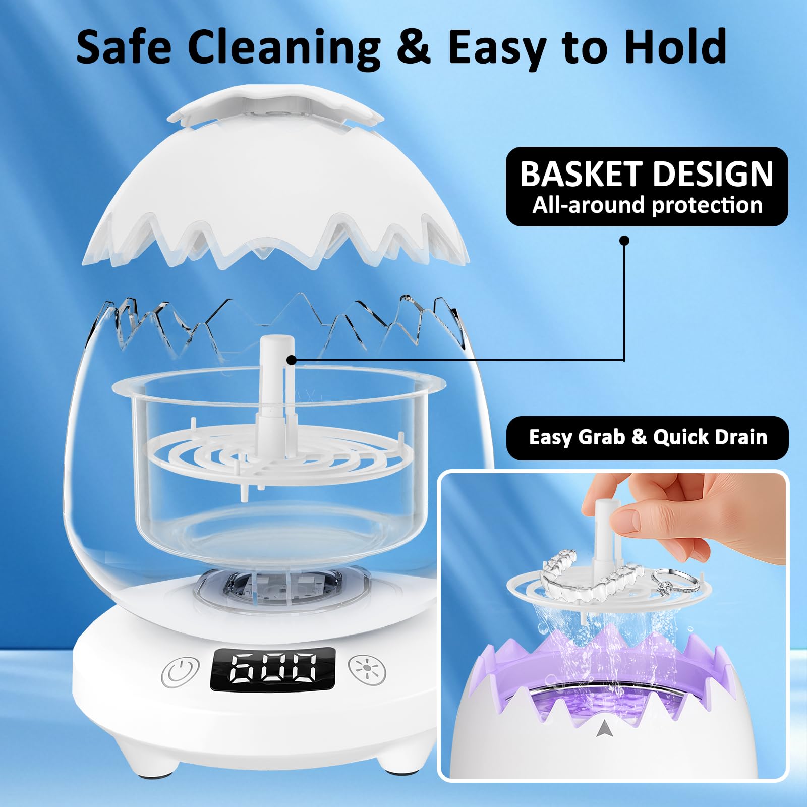 Macchina per la pulizia a ultrasuoni per protesi, capsula di pulizia dentale con timer digitale, 45 kHz/180 ML detergenti per protesi ad ultrasuoni impermeabili per allineatori, paradenti, parentesi