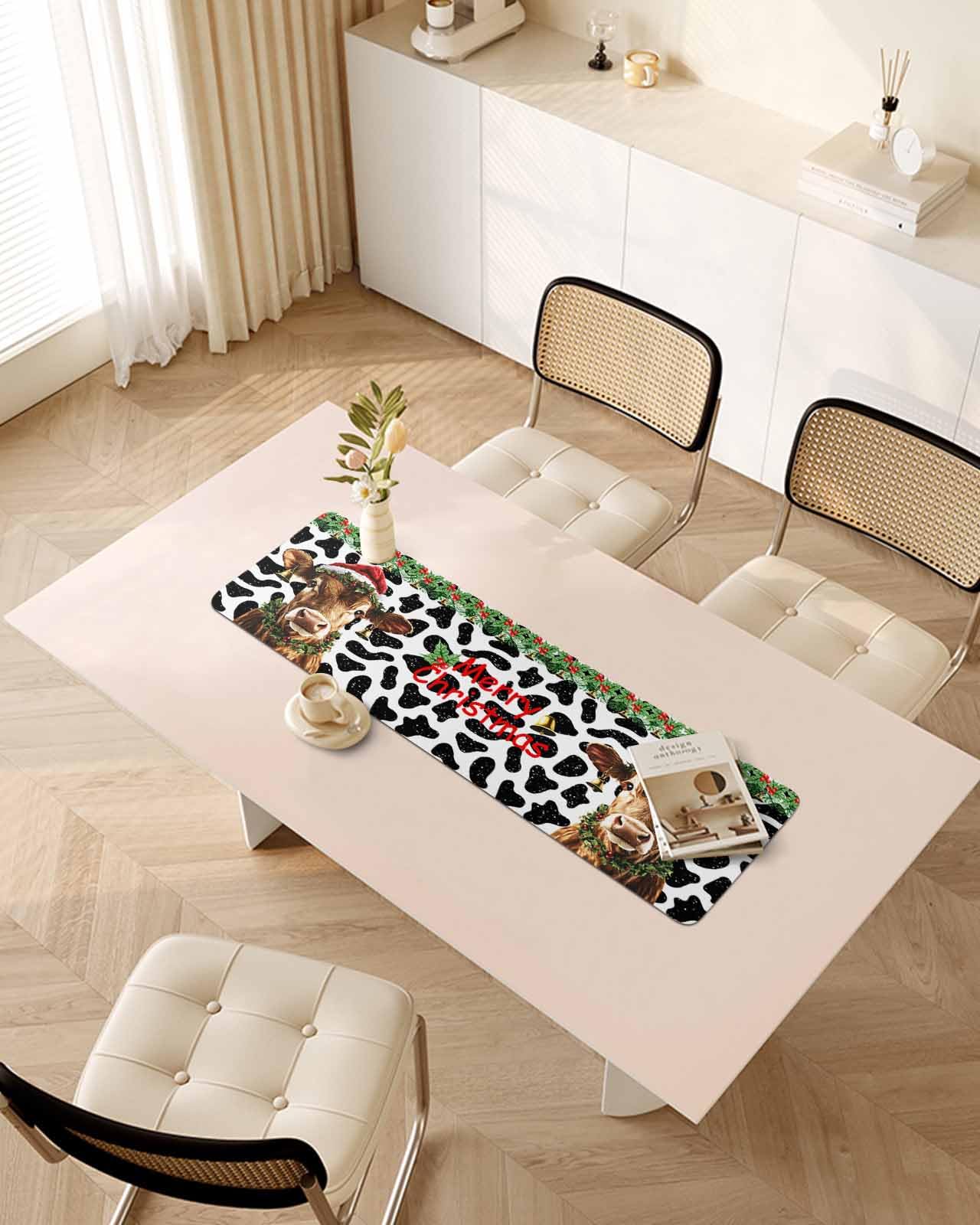 Debedcor Heat Proof Table Pads Waterproof Decorative, Christmas Cattle Non-Slip Table Countertop Protector, Cow Texture Winter Animal Snow Insulation Mat for Kitchen Room, 40 x 12 Inches