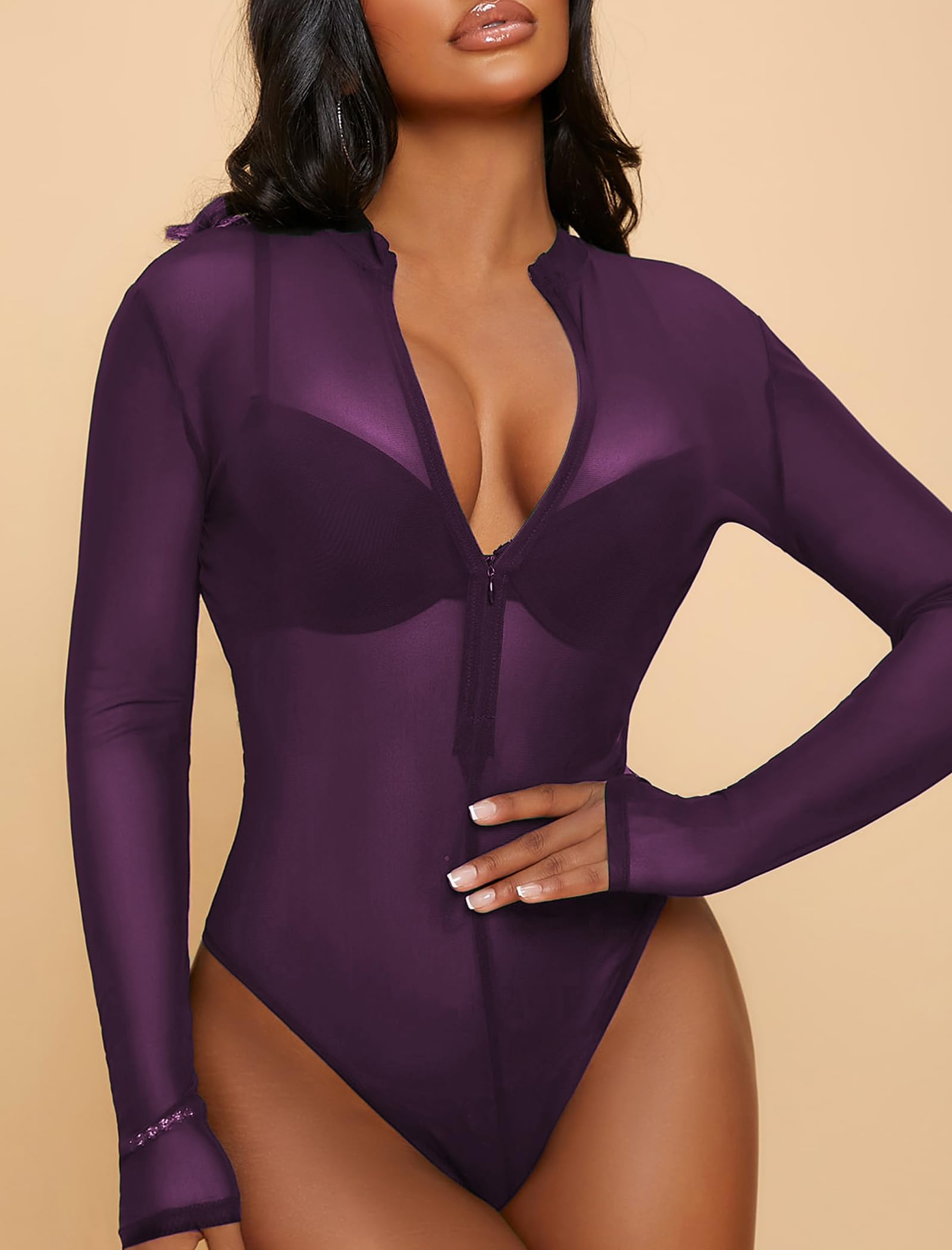 Avidlove Women's Mesh Bodysuit - Long Sleeve Snap Crotch See Through Zipper Sheer Leotard