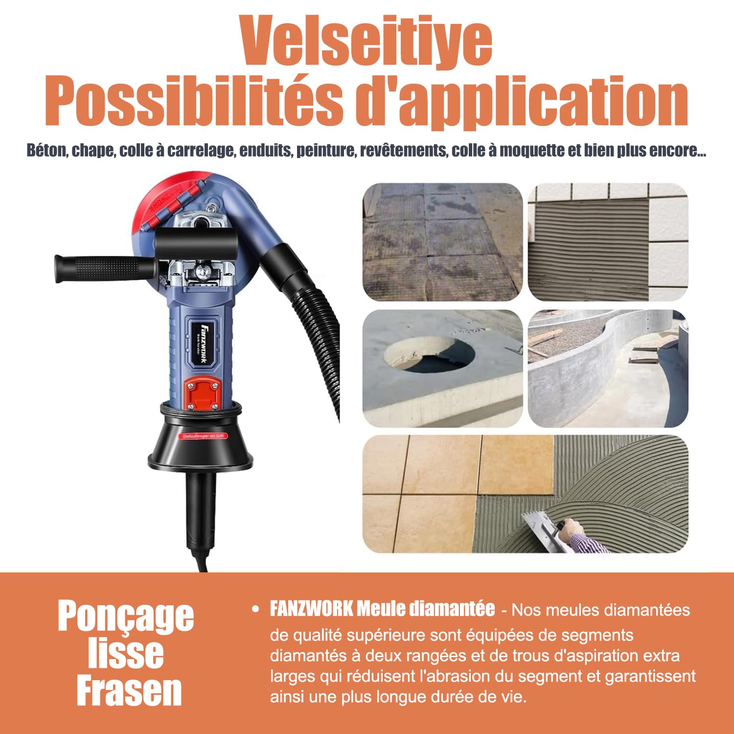 LEMAN - Ponceuse Béton POB180, 180 Mm, Moteur 1900 W, Vitesse Variable 500-3000 Tr/min, Système