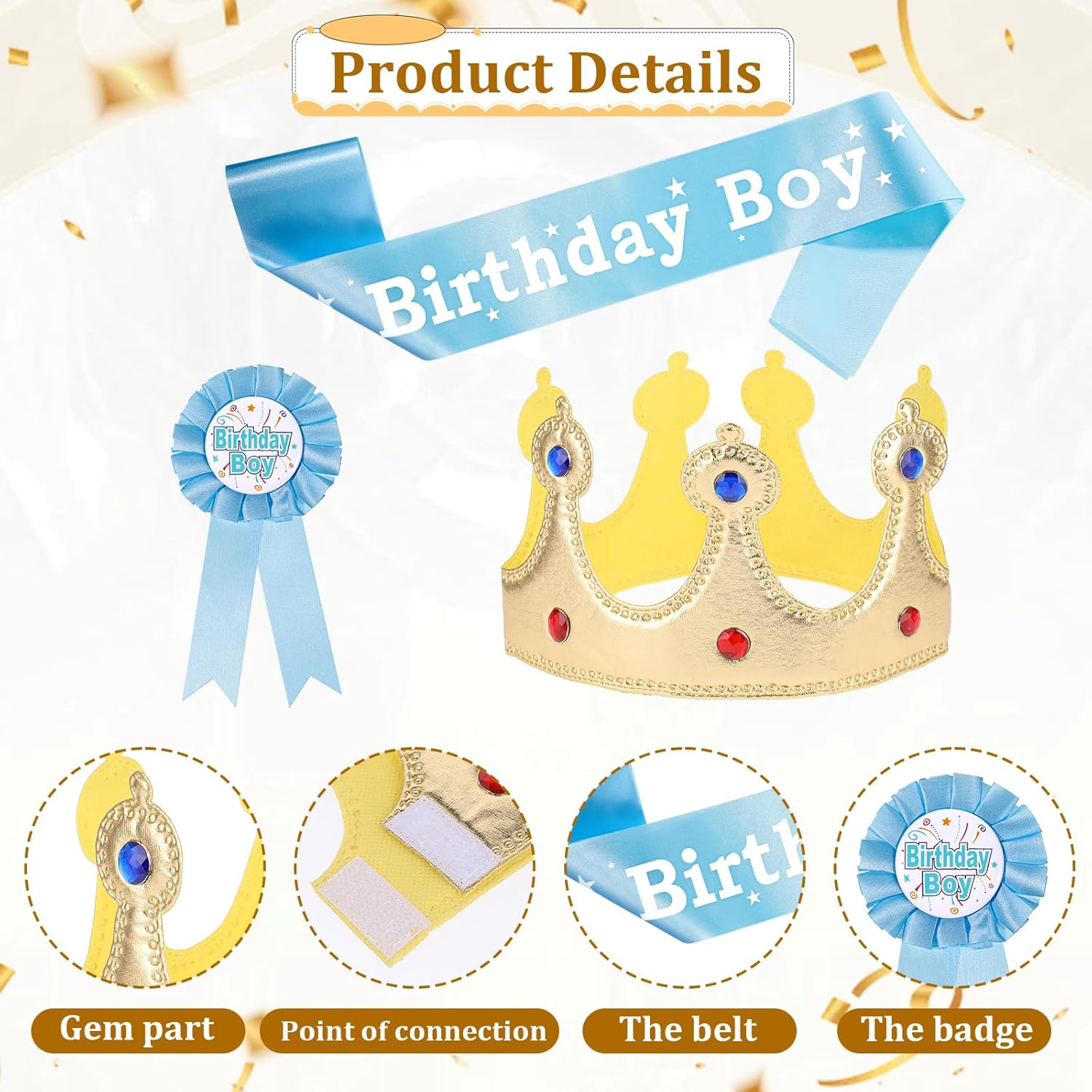 Birthday Crown Party Set - Prince Crown Hat, Sash, Button Pin Accessory Costume Headwear & Photo Props for Party Decoration(Light Blue)