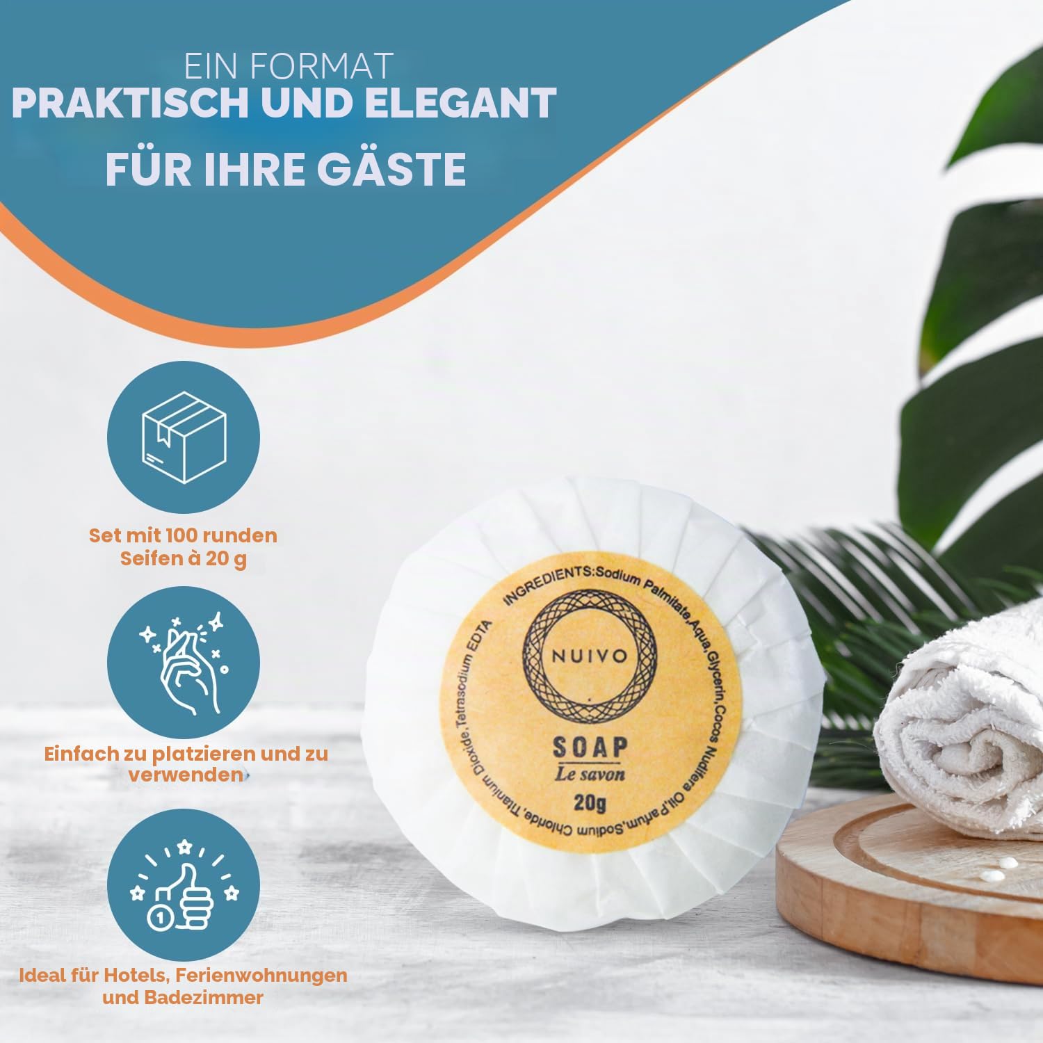 100 Mini-Seifen, rund, 20 g – einzelne Seifen, verpackt aus Papier – Hochzeit, Hotel, Gîte, Badezimmer, Reise – Gästeseife, umweltfreundlich und gebrauchsfertig