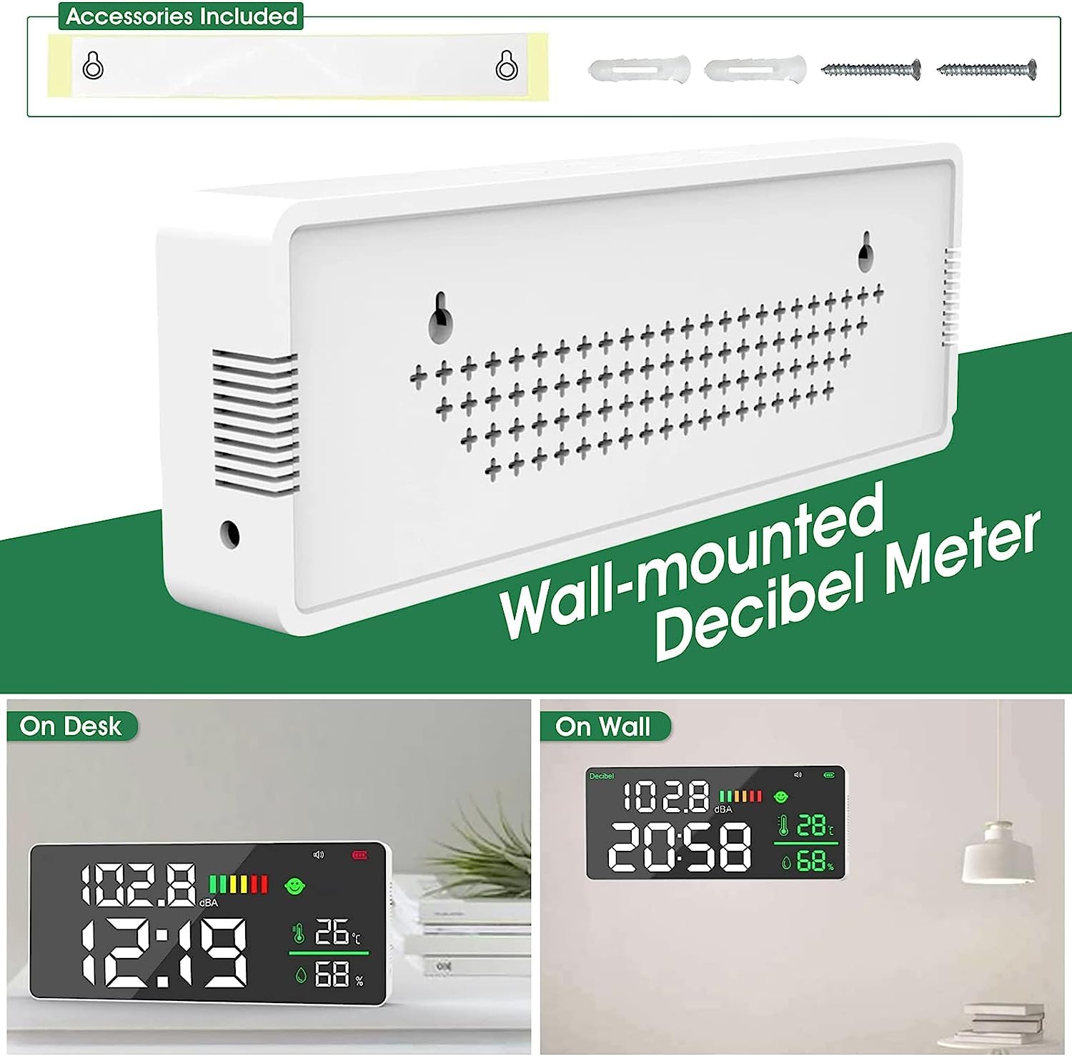 Kethvoz Sonometre Decibel Mesureur, Murale Bruit Testeur Horloge Mesure Niveau Sonore Humidité Température avec 11 pouces Ecran Affichage, Decibelmetre pour Salle de Classe Studio Hôpital