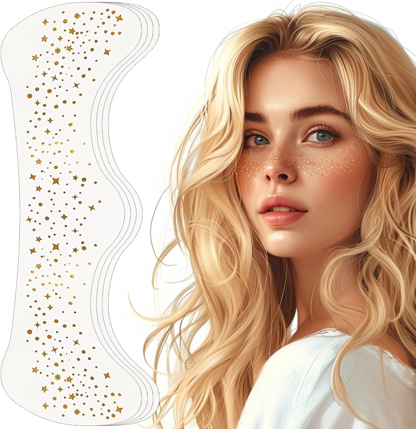QIQVERT 6 Pcs Temporary Gold Glitter Sticker Face Tattoo Stickers Sparkle Stickerez Freckles Sparkle Makeup Patches for Women Rhinestone Accessories for Festivals & Parties