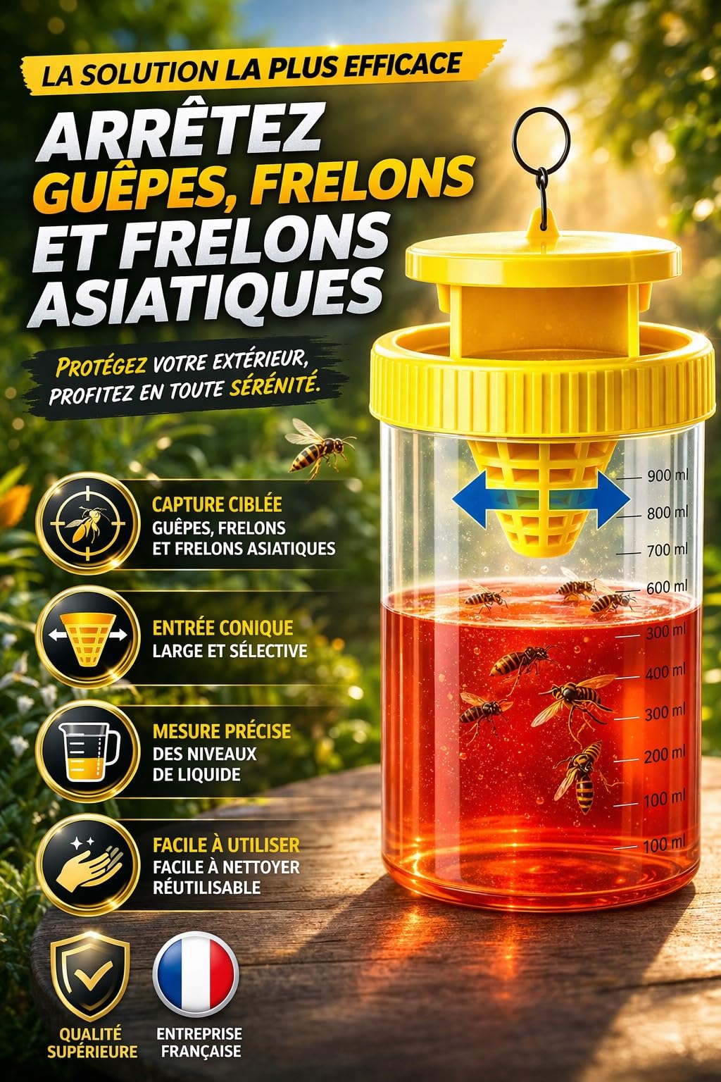 PROTECTA Piège à Guêpes et Frelon Asiatique – 2 Pièges Réutilisables avec 4 Recharges d'Attractif 50ML – Sans Insecticide – Action Durable pour Extérieur et Balcon