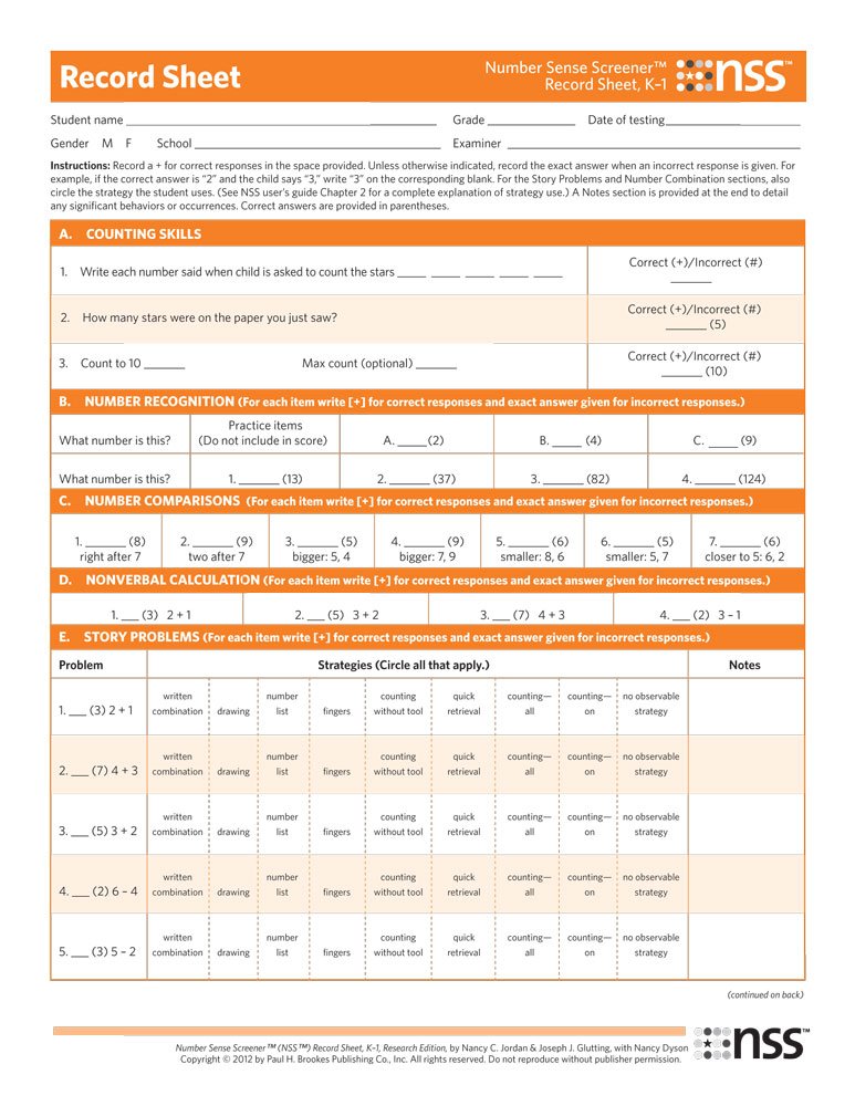Number Sense Screener™ (NSS™) Record Sheets, K1, Research Edition
