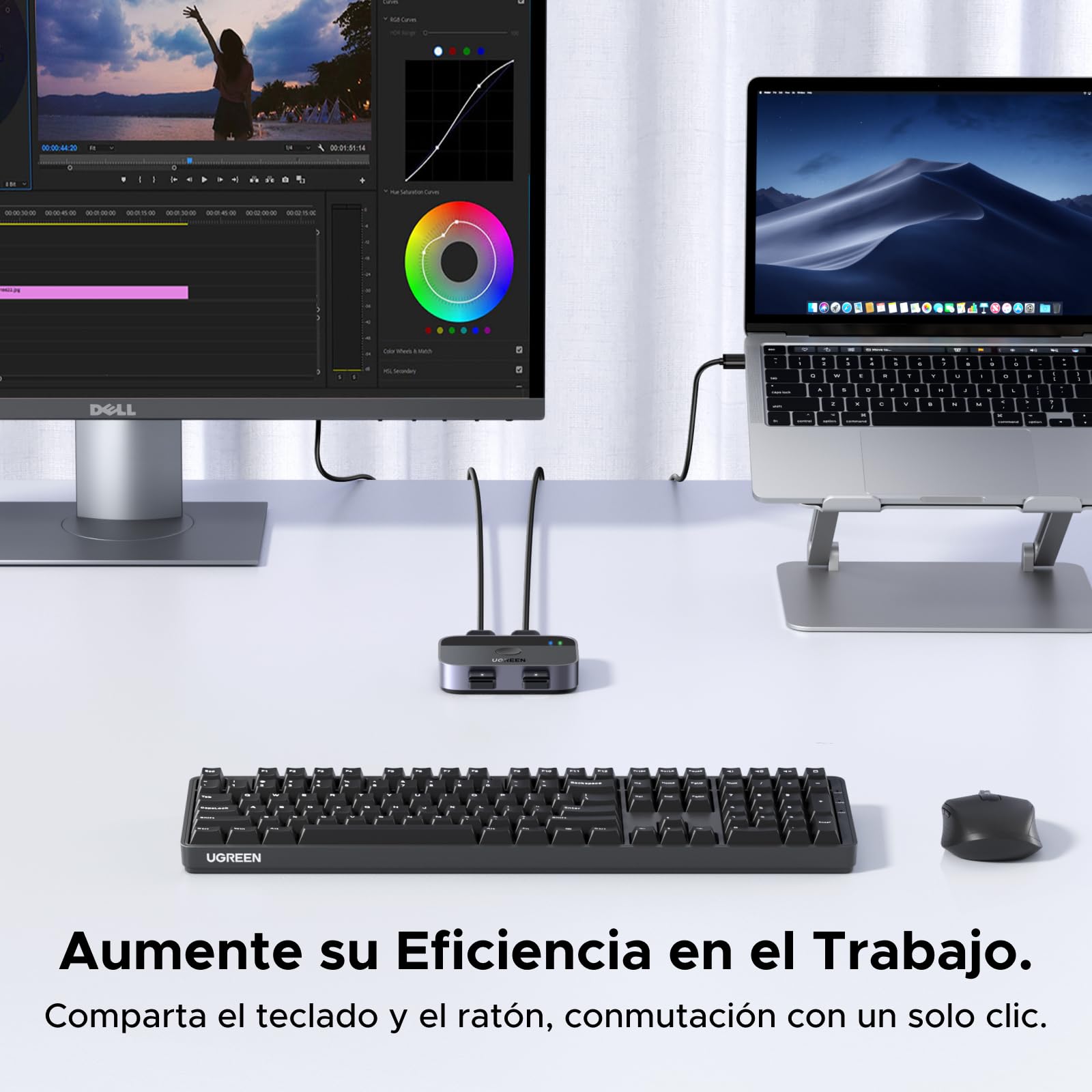 UGREEN Switch USB 3.0 5Gbps KVM Switcher 2 Puertos para 2 PC 2 Entradas 2 Salidas Aluminio para Teclado Ratón Disco Duro Externo Impresora Escáner 2 Cables 3.0 Incluidos