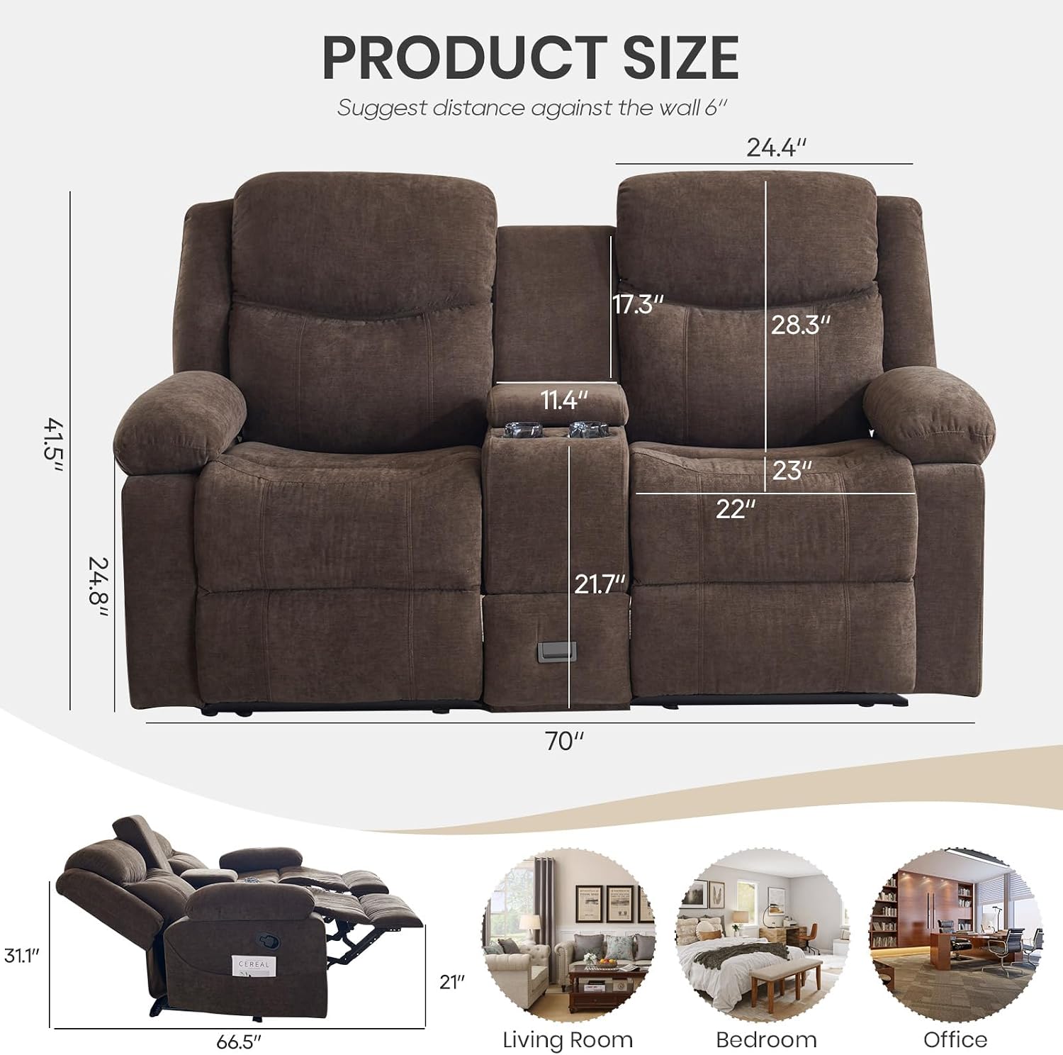 Recliner Sofa, Reclining Loveseat Sofa with Massage & Heat, Reclining Couch with Side Pockets, Extra Storage, Cup Holders for Living Room