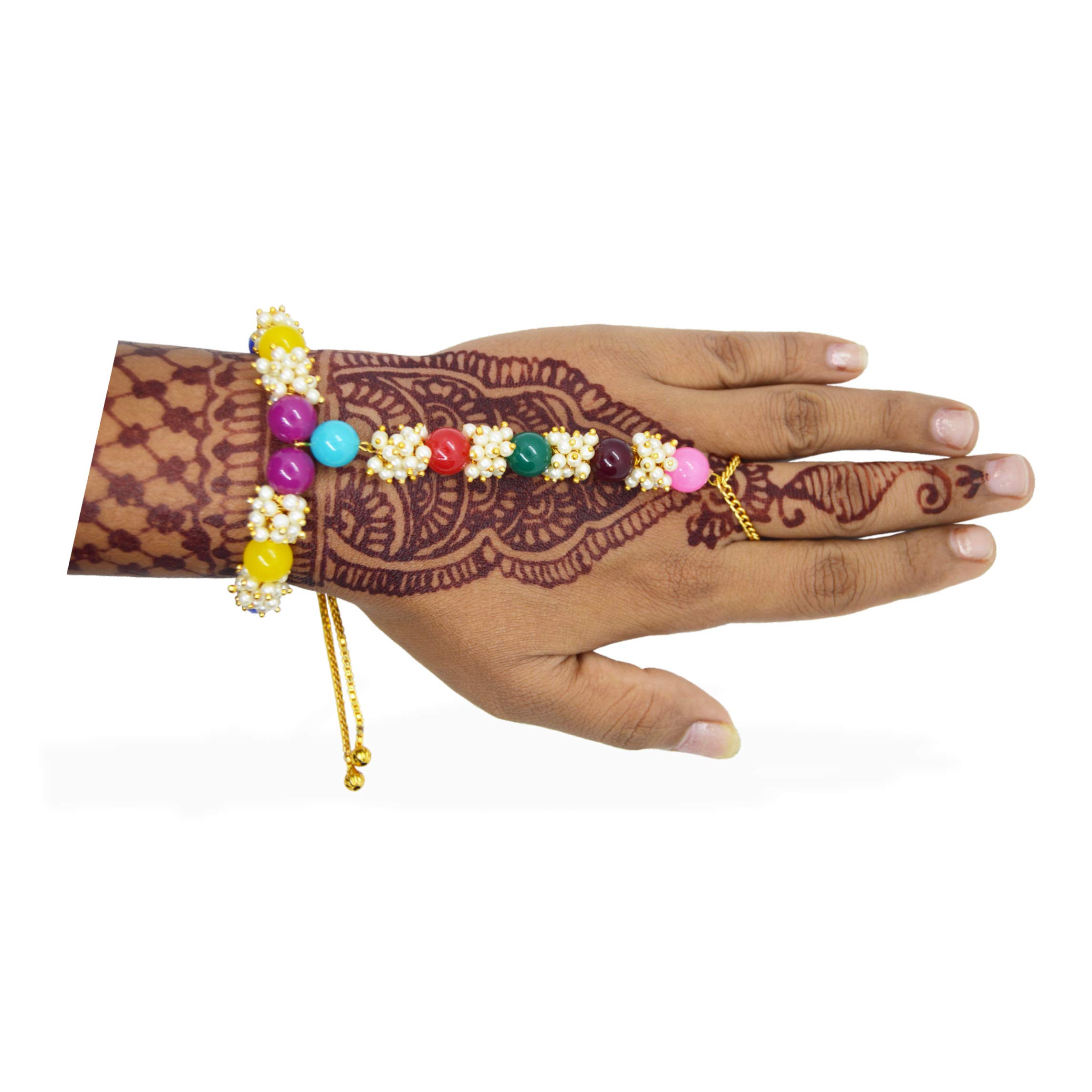 j. j. jewellers Kundan Pearl Hath Phool/Punja/Adjustable Chain Bracelet with Ring for Women