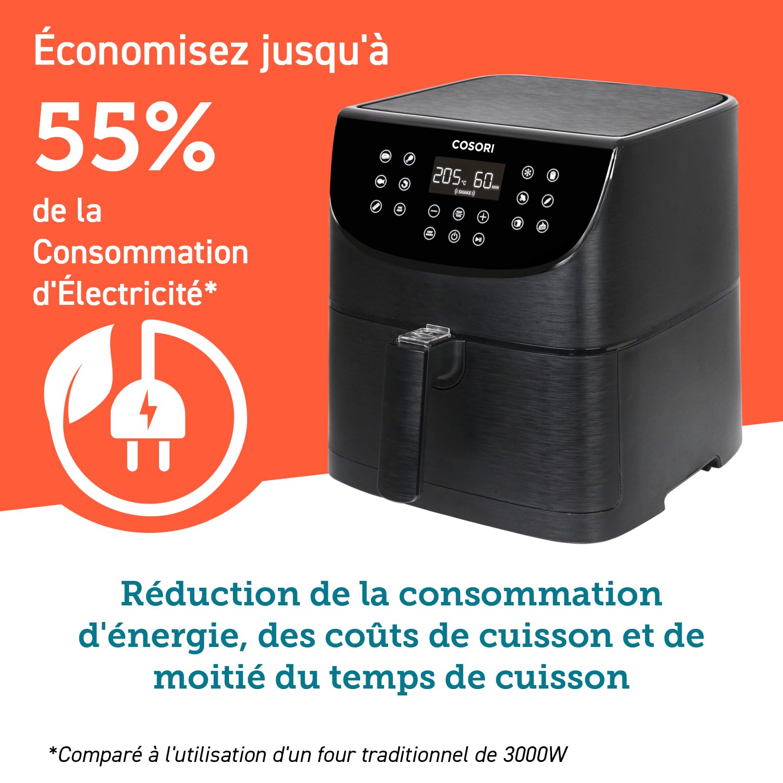 Cosori Air Fryer 5,7 L 13 modes de cuisson 85% de graisse en moins | Jusqu'à 55% d'Énergie en Moins, Cuisson Rapide 70–205 °C, Cuisson Facile avec 40+Recettes