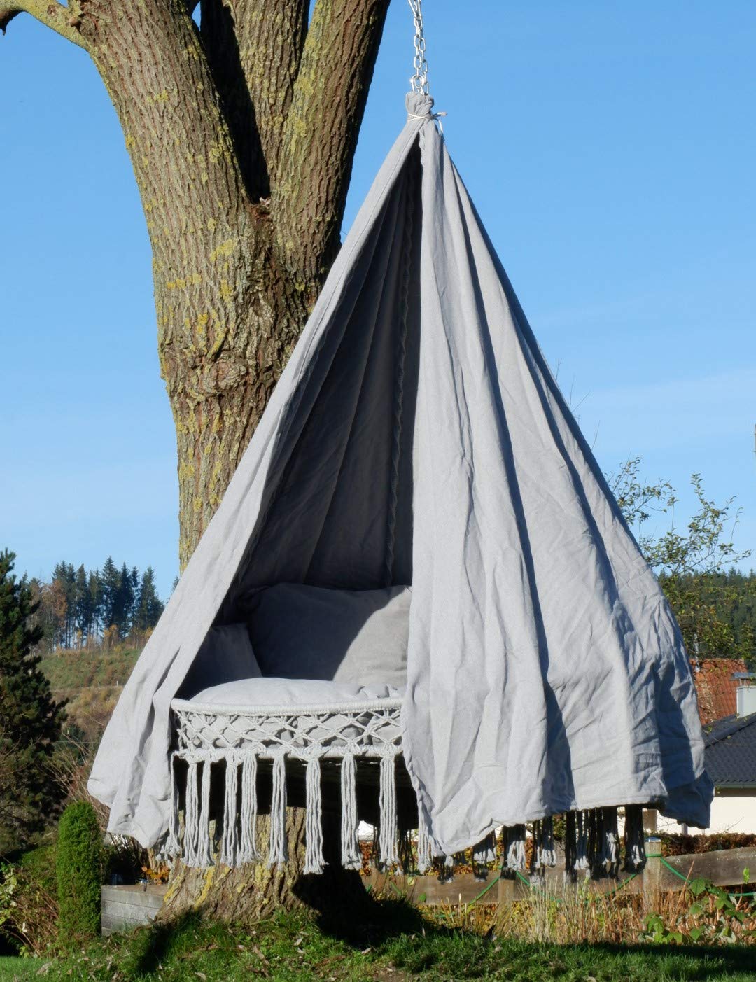 ALEOS. Hängesessel CHILL Schwebeliege Hängelounger Doppellounge Hängenest Hängezelt Hängesofa für 2 Personen mit vielen Kissen und Vorhang in grau faltbar klappbar