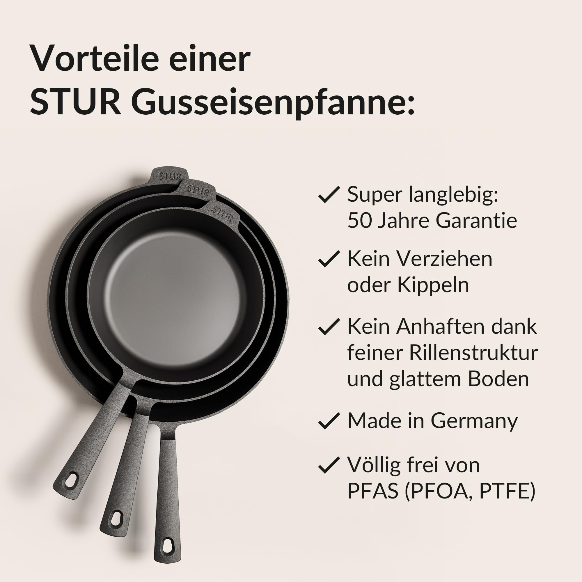 STUR - ORIGINAL Gusseisenpfanne Induktion 28 cm - Cast Iron Pan für alle Herdarten - Pfanne Gusseisen fein geschliffen - Made in Germany - frei von künstlicher ANTIHAFT-BESCHICHTUNG & kratzfest