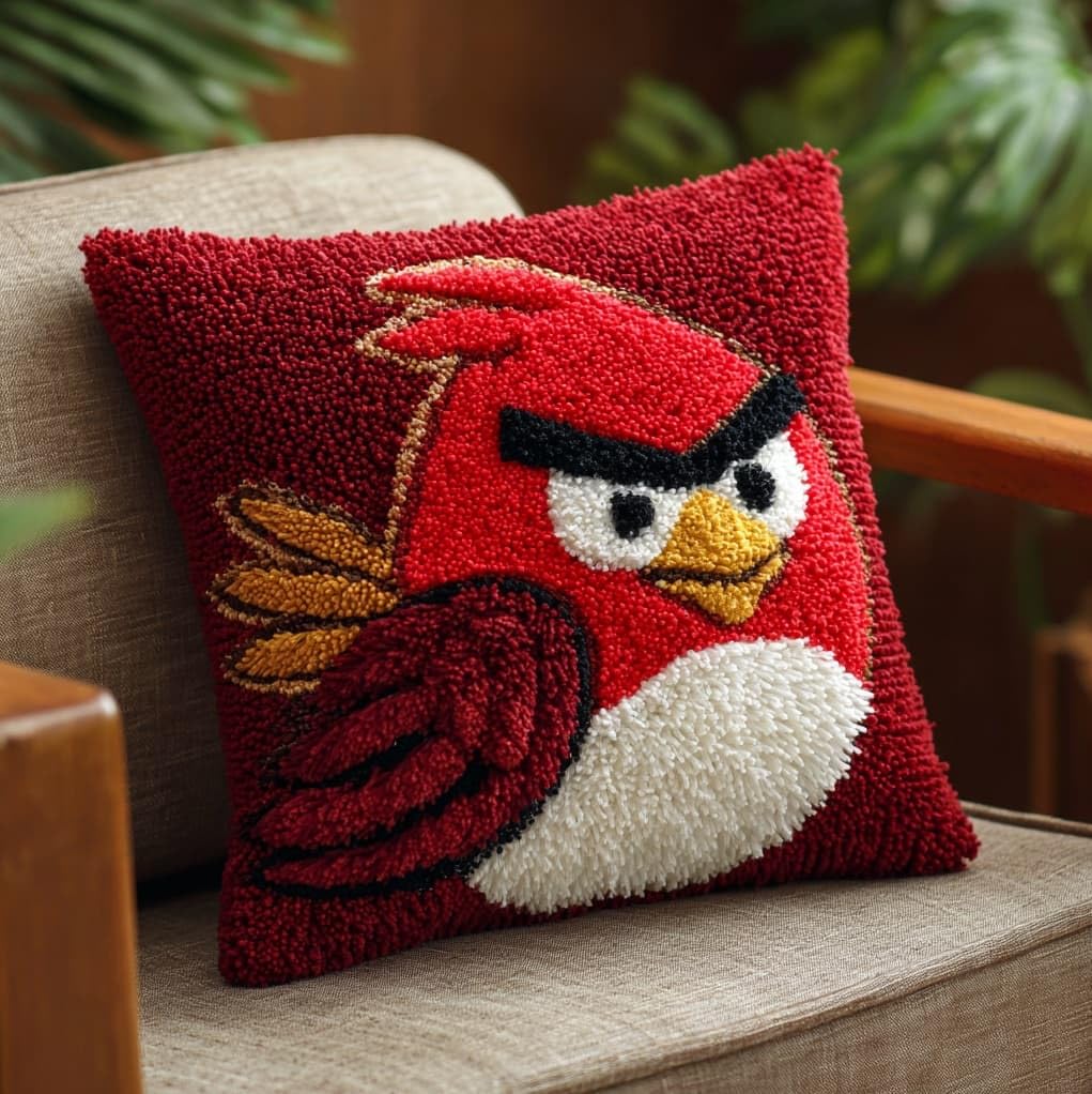 Henypt Latch Hook Craft Kit 17x17 Inch,Red Bird Complete Embroidery Cushion Kit,Creative Craft Stress Relief Handmade Gift for Beginners