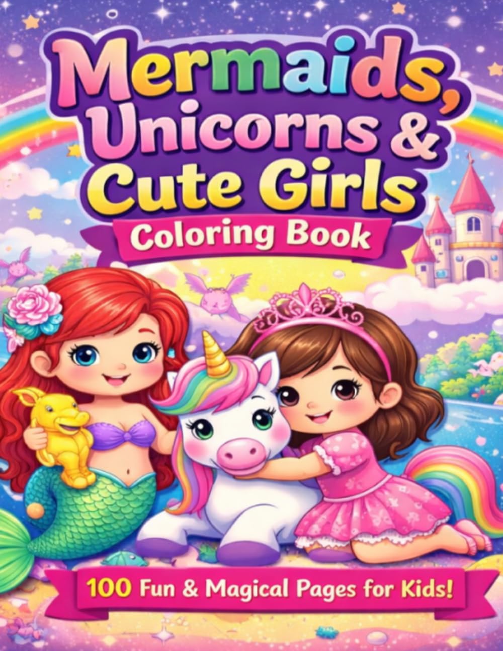 Book of Mermaids, Unicorns & Cute Girls Coloring Book: 100+ Unicorn, Mermaid, Fairy and Princess Coloring Activity Book For Kids 3+ Years Old
