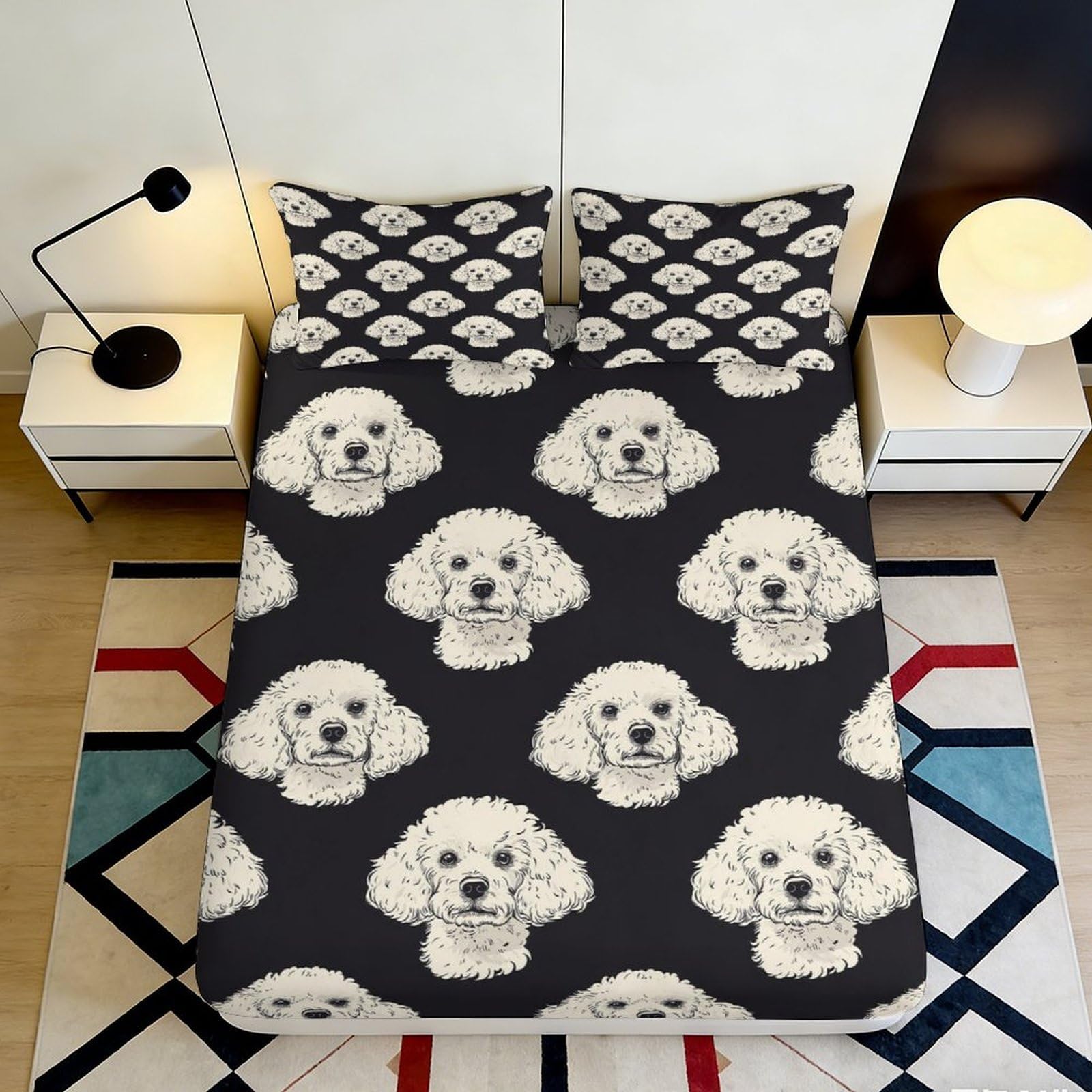 3D Printed Poodle Dog Fitted Sheet Microfiber Black Cartoon Animal Mattress Cover for Bedroom Dorm Home Decor 90x200x25cm