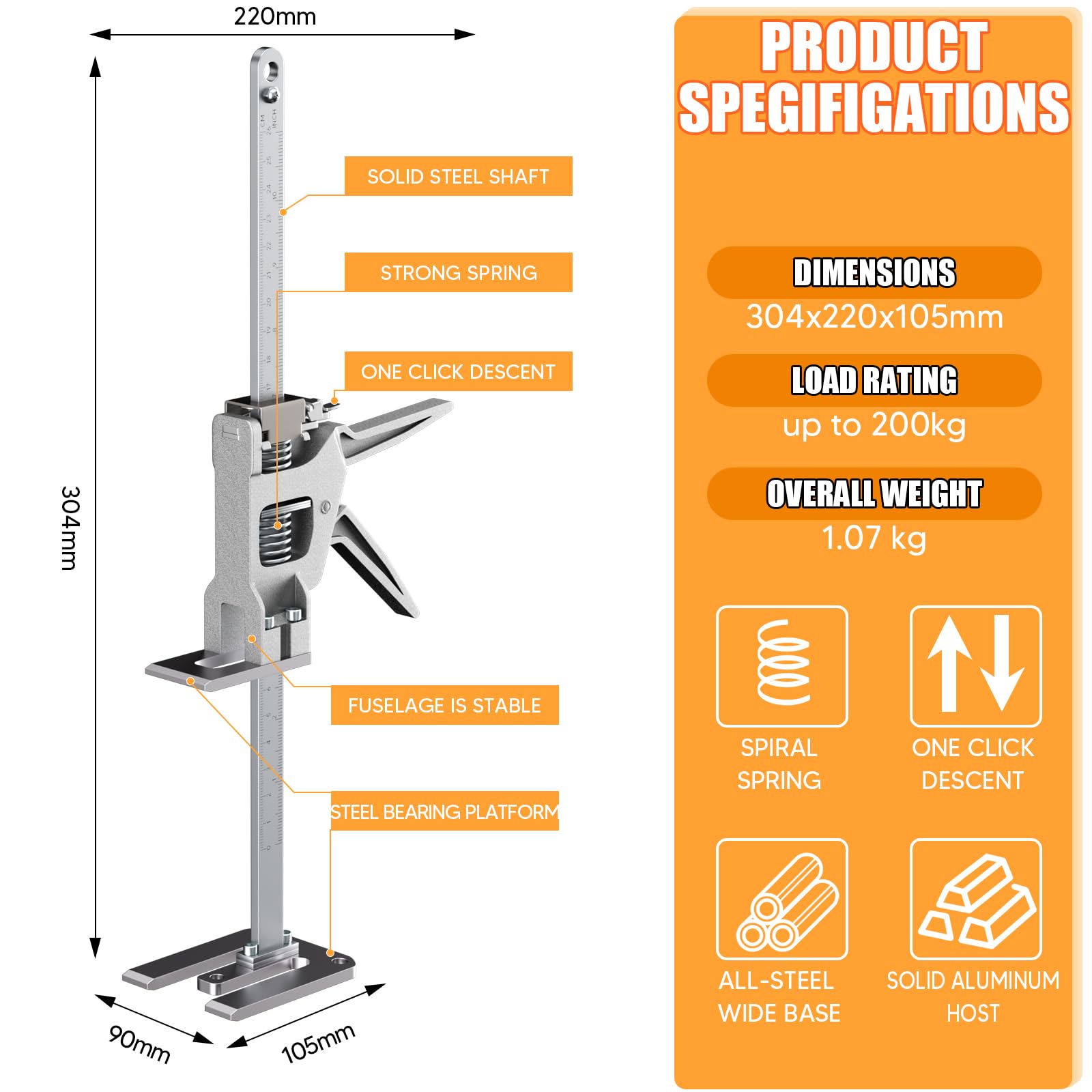 2 Stück 30.4cm Arbeitssparender Heber mit Skala, Arbeitssparende Hebebühnen, Fliesenheber bis zu 200KG, Hubhöhe 14,5cm, Hebevorrichtung für Möbel, Tür, Schrank, Gipskartonplatten, Fliesenheber