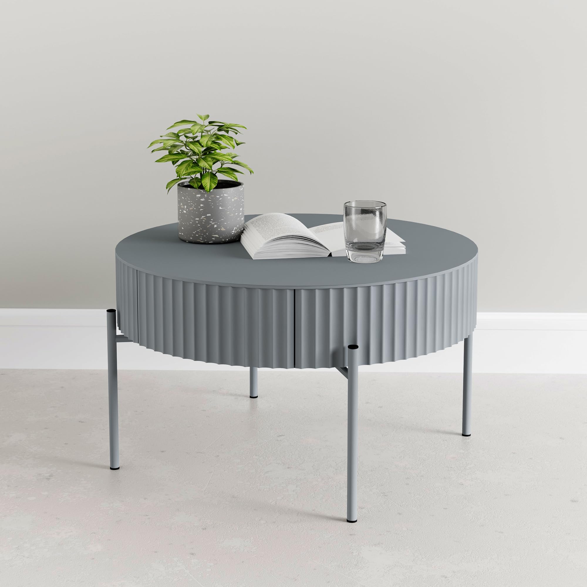 [en.casa] Table Basse de Salon avec Plateau Rond et Tiroir Table d'Appoint Design Élégant Intemporel avec Compartiment de Rangement MDF Métal 36 x 60 cm Gris