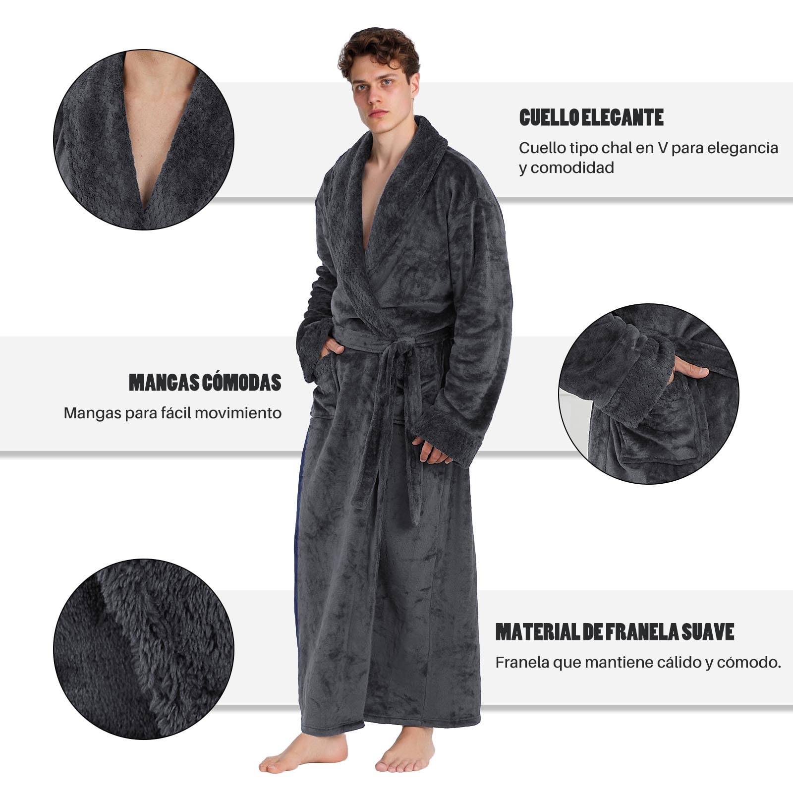 PUTUO Bata Hombre Albornoz de Invierno: Albornoz de Casa Larga Franela de Invierno para Hombre - Bata de Baño Polar Cálida Microfibra para Caballero