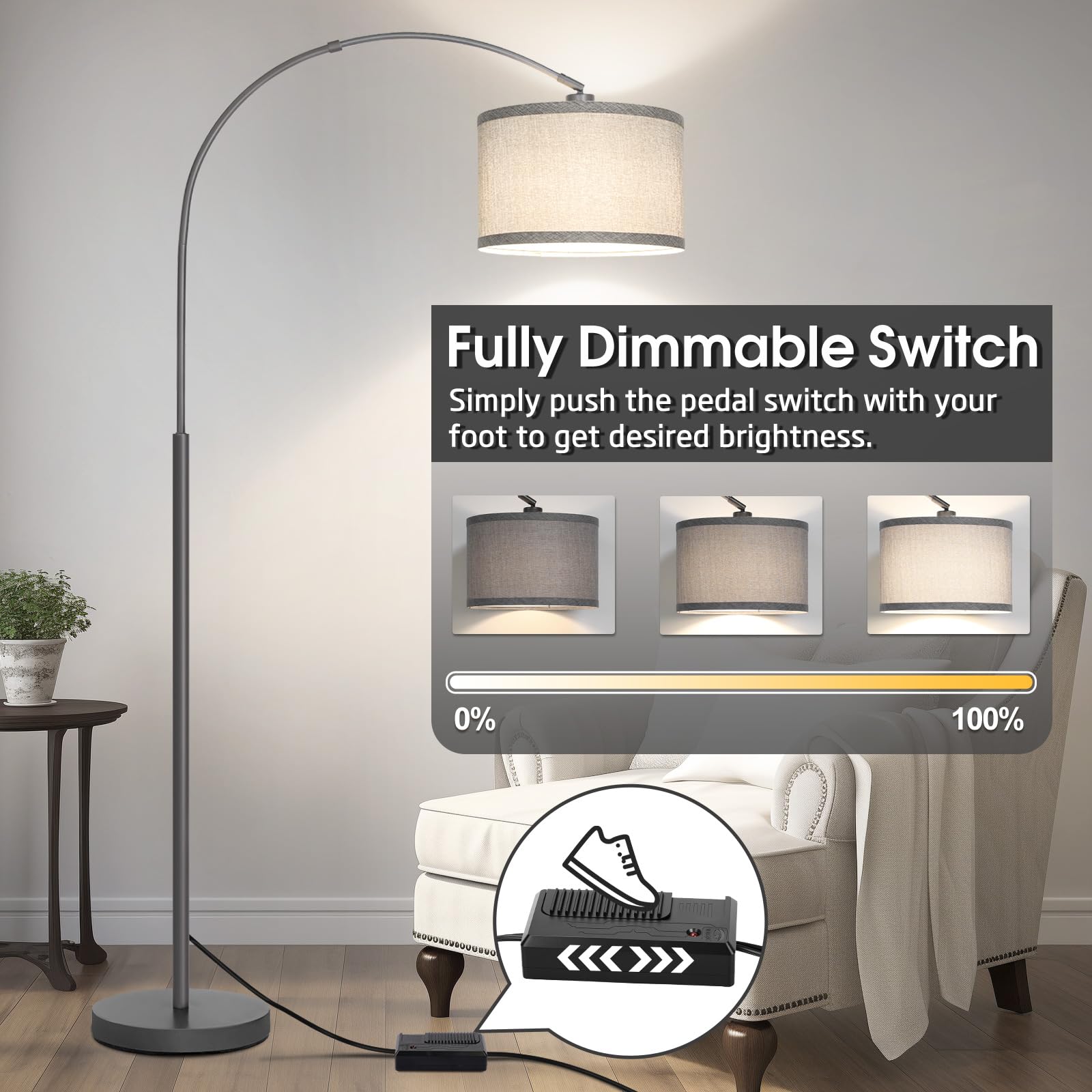 Arc Floor Lamp with Dimmer, Dimmable Floor Lamp for Living