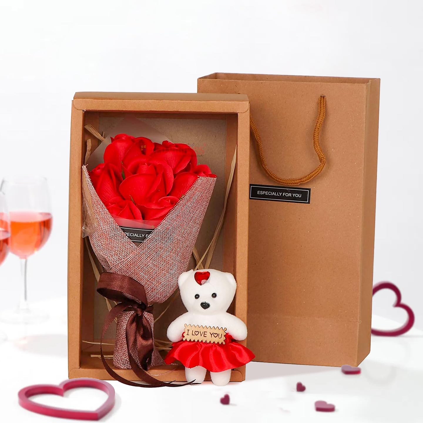 TIED RIBBONS Valentine Gift for Girlfriend Boyfriend Husband Wife Men Women Girls Boys / Special Artificial Red 7 Roses Flower Bouquet with Mini Teddy Bear (30 cm x 8.2 cm),Silk