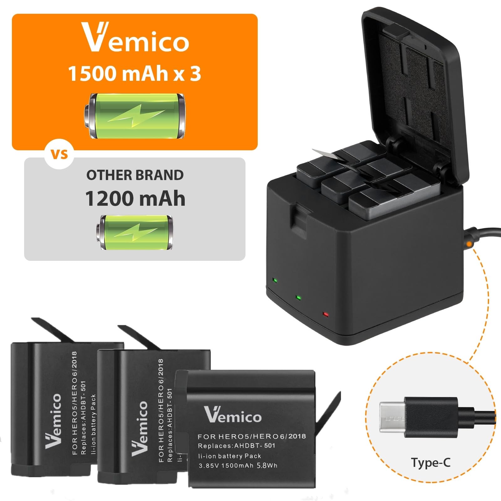Vemico Hero 7/6/5 Batterie Chargeur Kit 3 Pack 1500mAh Remplacement Batteries Type-C LED Chargeur 3-Canaux pour Hero 7 Black/ 6/5 Black/Hero 2018 (Compatible avec l'original)