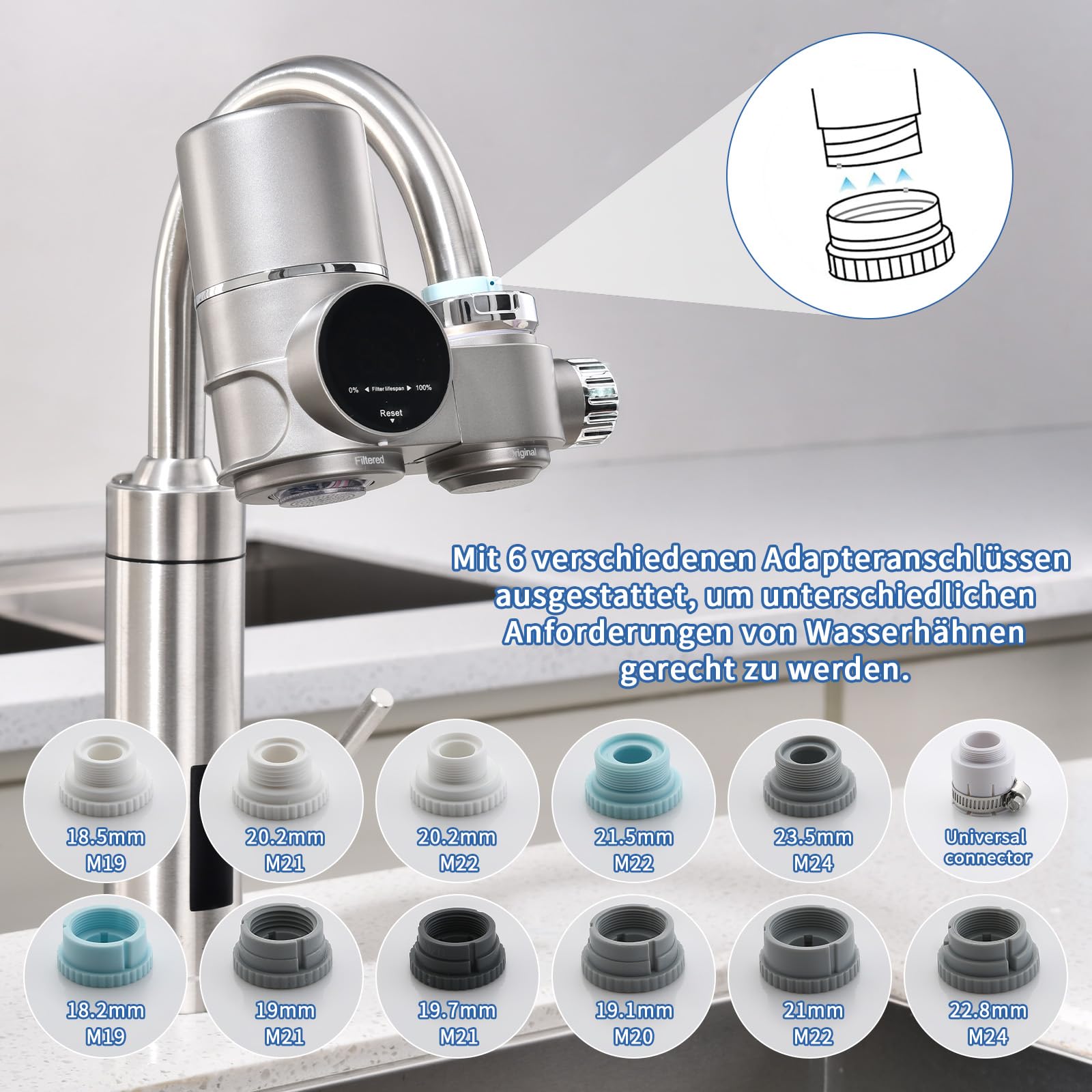 HOMELODY Wasserfilter Wasserhahn, Wasserfilter Trinkwasser mit LED Anzeige, entfernt Chlor, Schwermetalle und schlechten Geschmack, Wasserhahn Filter mit Blaulicht für Küche(Inkl. Filter*1) | entfernt Chlor,Schwermetalle und schlechten Geschmack,Wasserfil